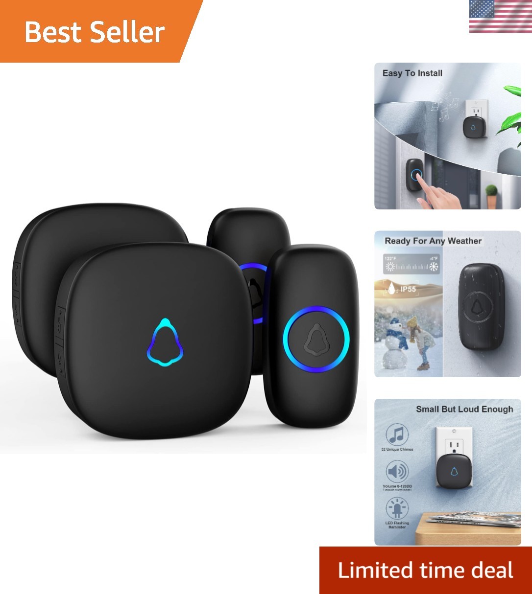 Wireless Doorbell with 2 Receivers 2 Push Buttons, Easy installation, Adjusta...