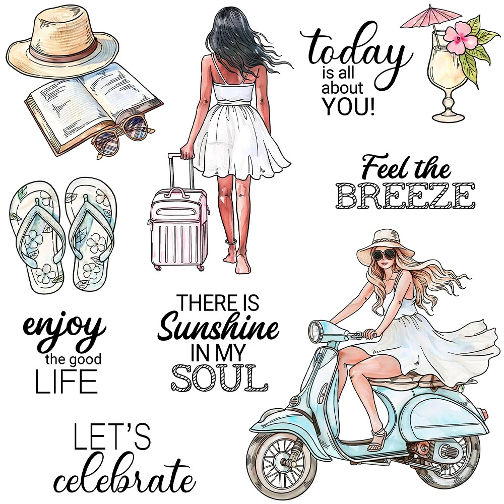 Summer Travel Women Moped Feel the Breeze Today Is All About You Clear Stamps