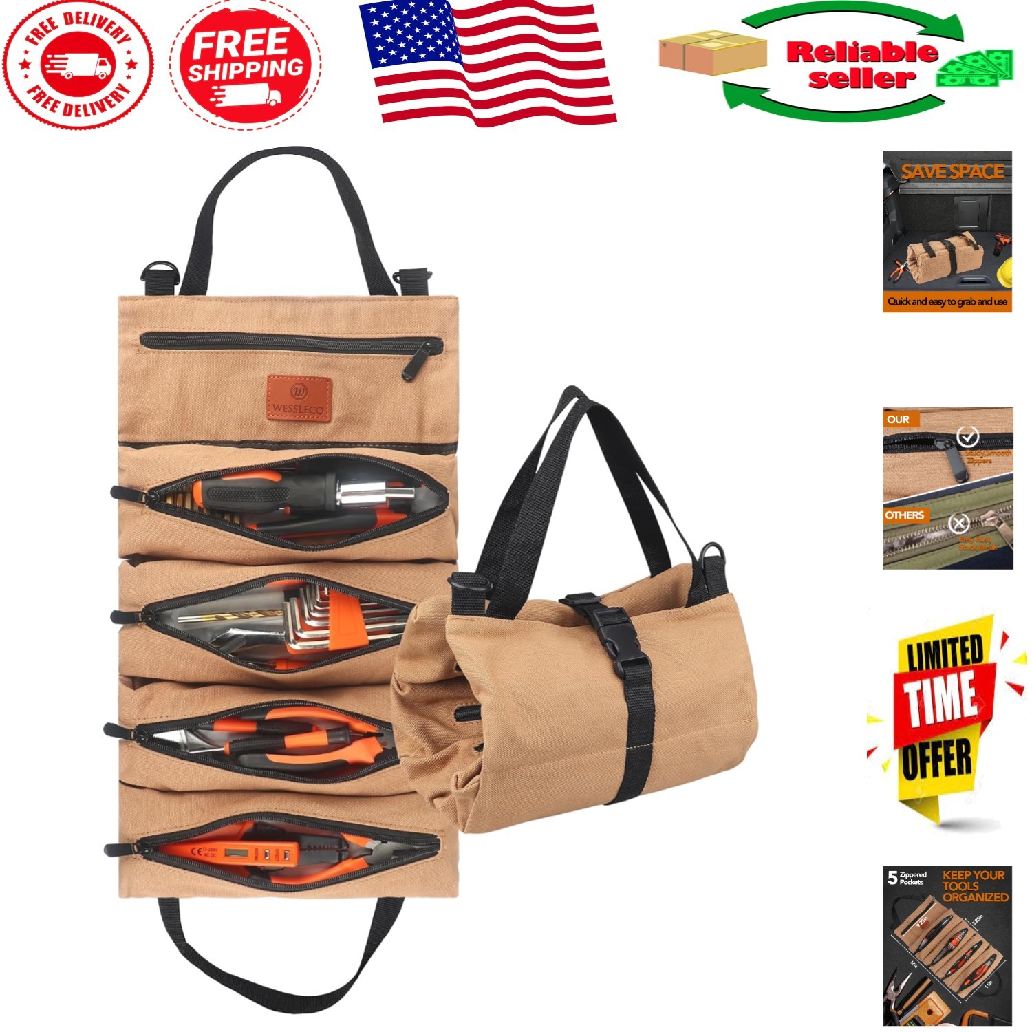 Professional Canvas Tool Roll Bag with 5 Compartments, 18"x11" for Easy Carrying