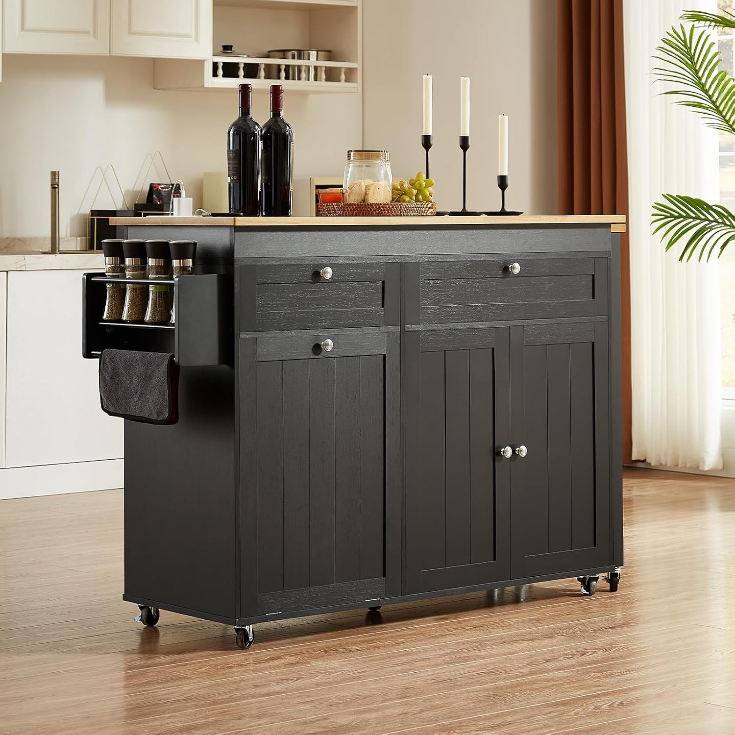 81.7" Kitchen Island with Extendable Dining Table - Mobile Cart, Black