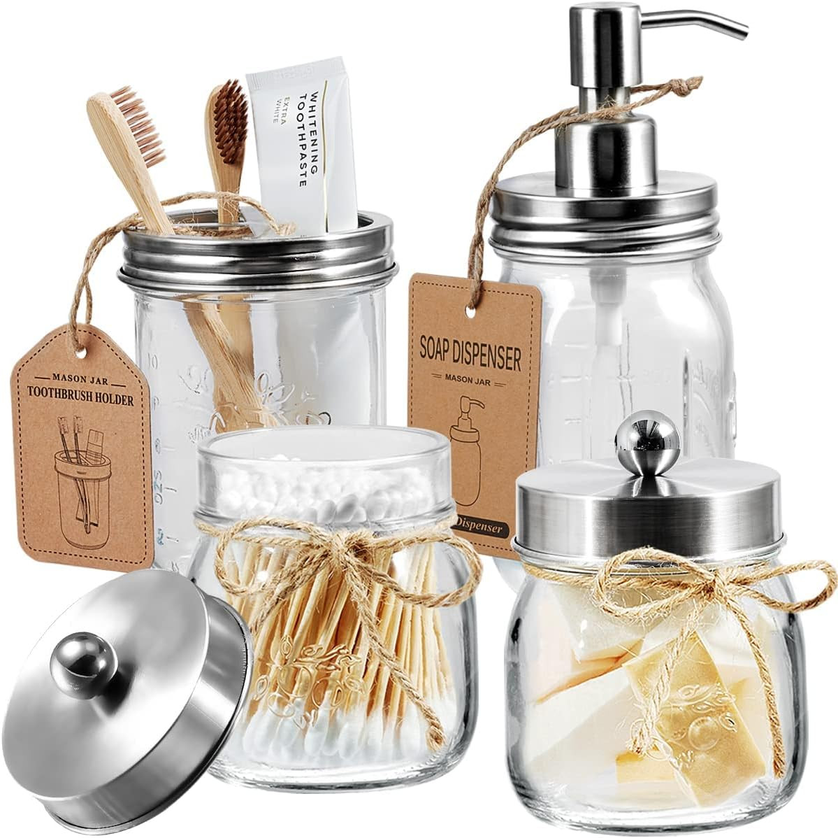 4 Pcs Mason Jar Bathroom Accessories Set - Rustic Farmhouse Bathroom Home Decor