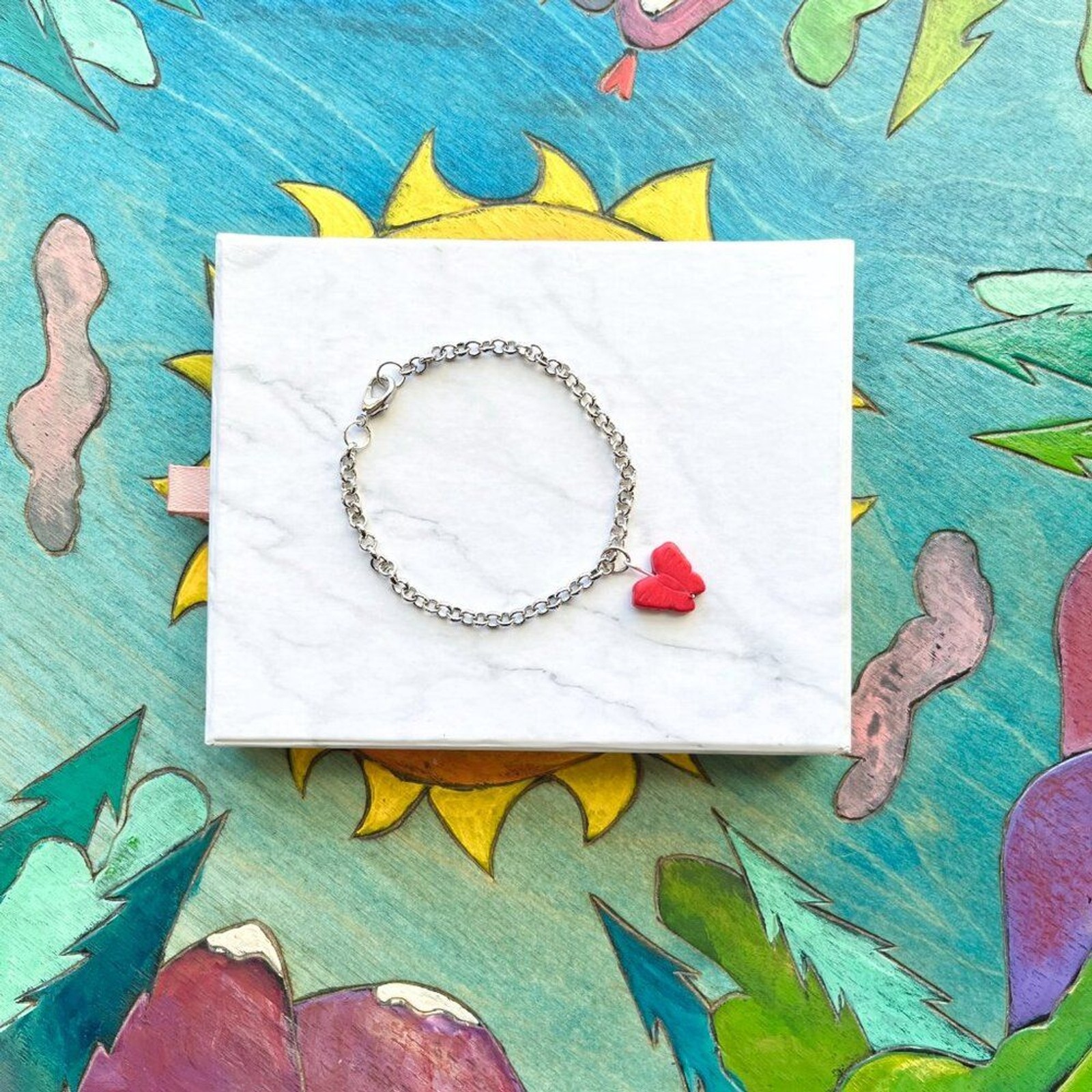 Red Butterfly Charm Silver Chain Bracelet