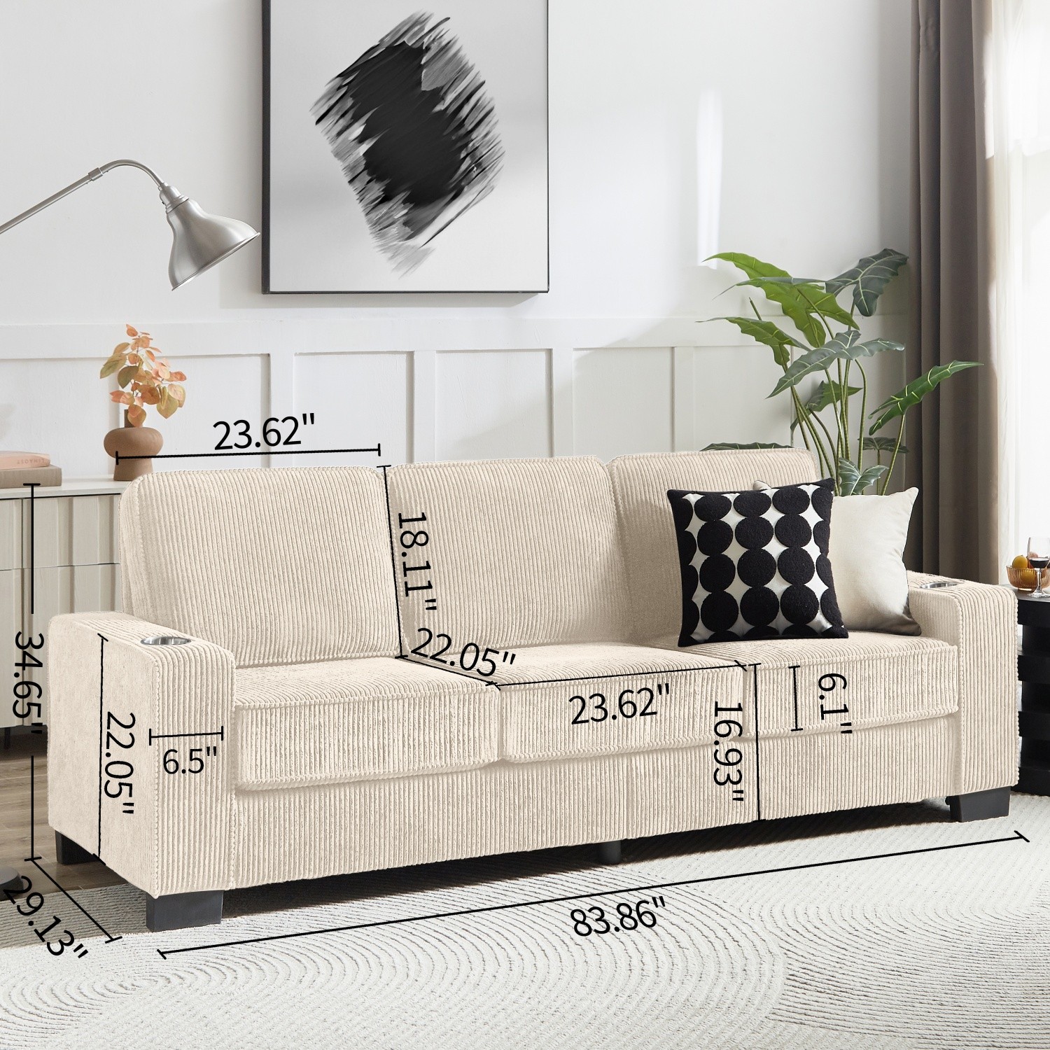 3 Seater Sofa Corduroy Upholstered Sofa Couch w/ 2 Cup Holders for Living Room