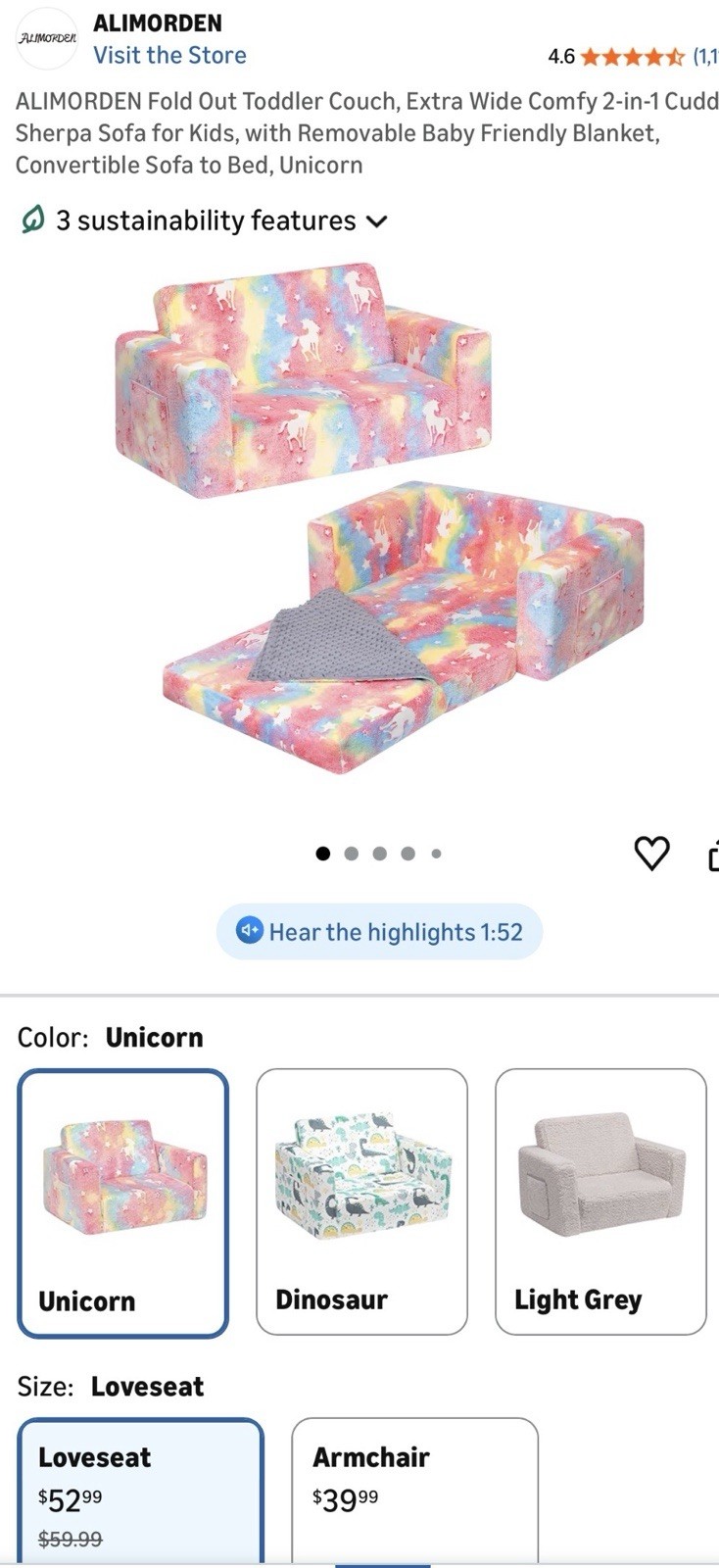 ALIMORDEN Convertible Loveseat Sofa Bed Unicorn Pattern Removable Cover