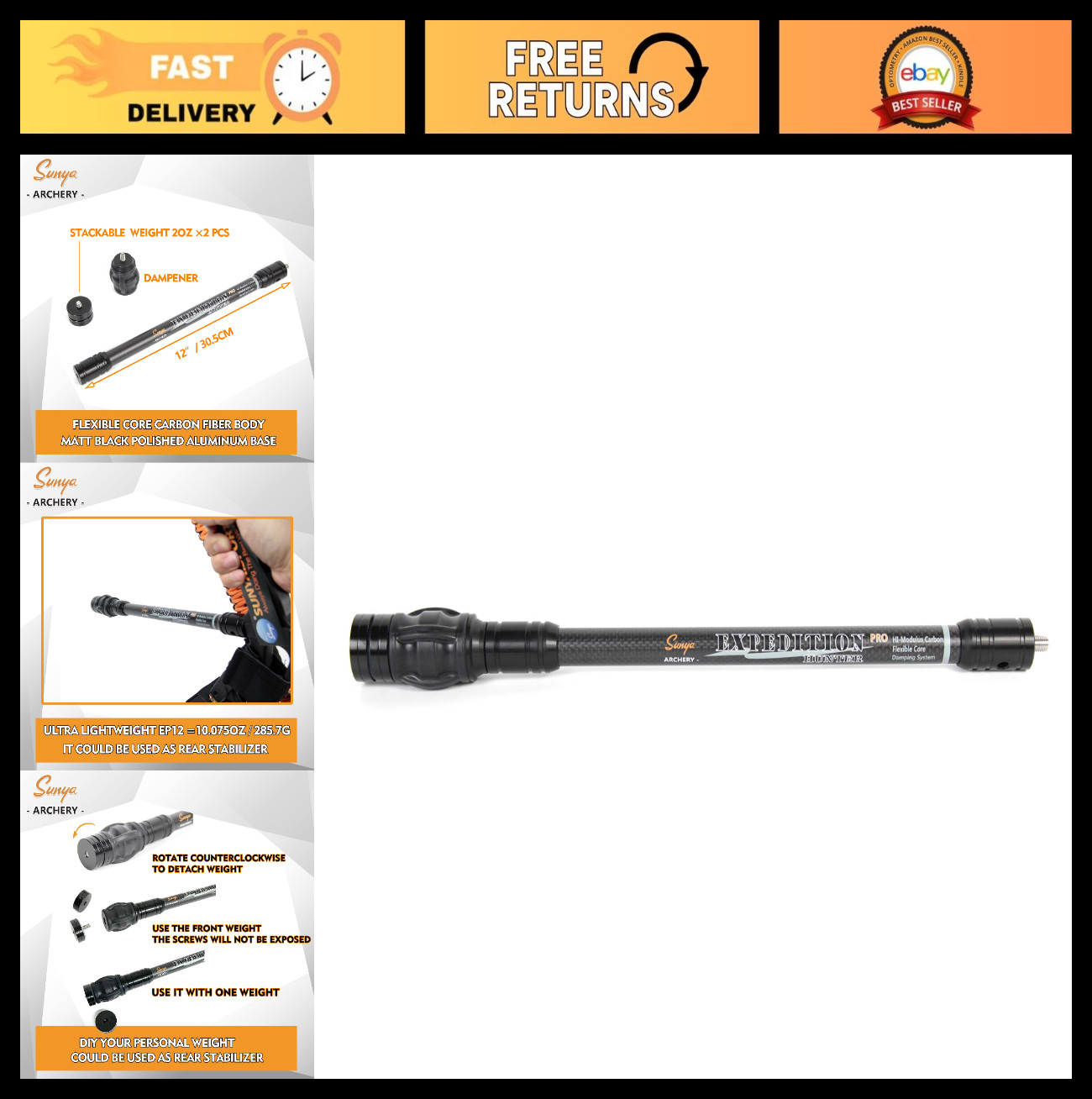 Archery Bow Stabilizer for Compound Bows - Carbon Fiber, Flexible Core, Damping