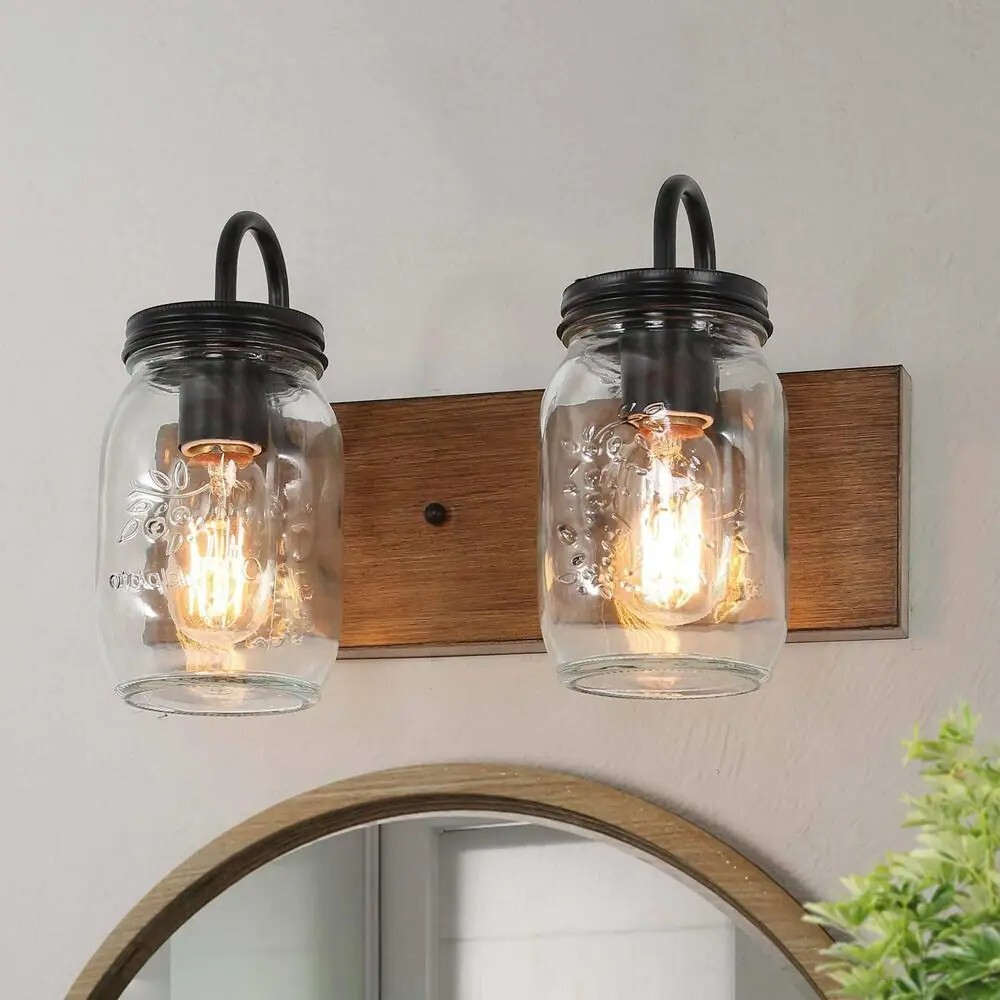 ​LNC UE3EQJHD14332N7 Oil-Rubbed Bronze w.Mason Jar Shades,Faux Wood Wall Sconce