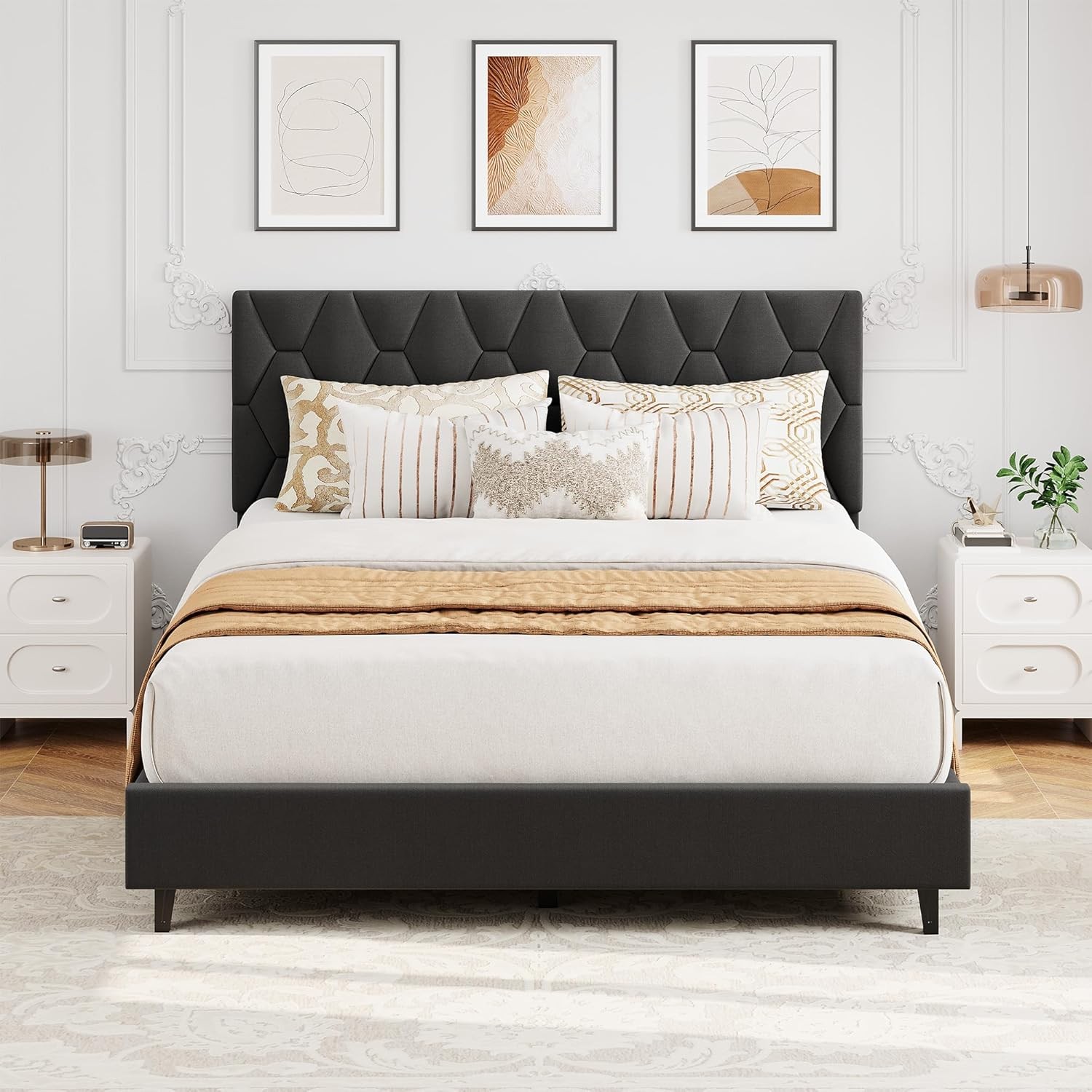 Twin Full Queen King Size platform Bed Frame w/ Upholstered Adjustable Headboard