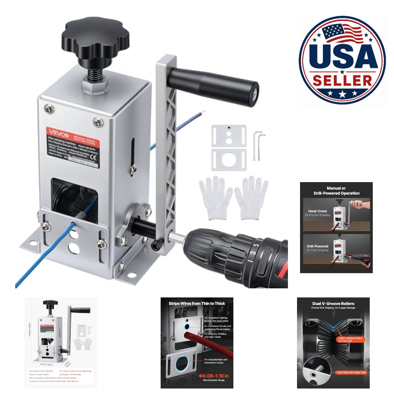 Manual Wire Stripper Machine Copper Cable 0.06-1.18in Hand Crank Drill Powered