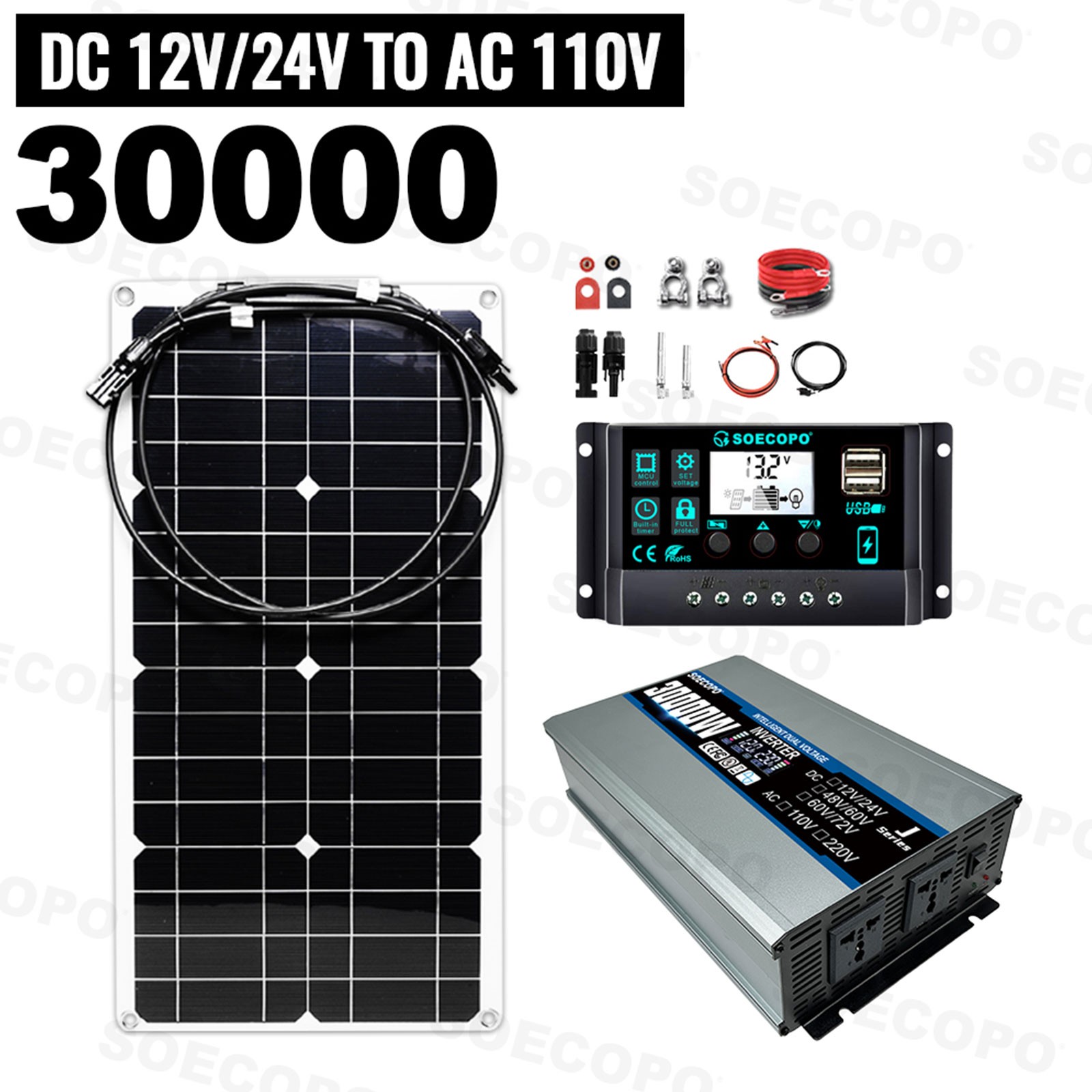 30000W Peak Solar System Kit FlexiblePanel 100A Controller 12V24V To 110V 220V