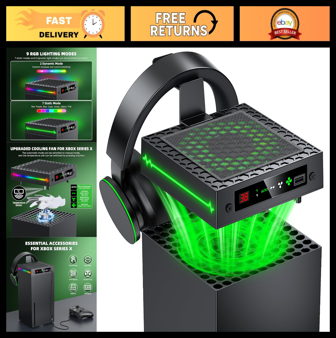 Auto Cooling Fan for Xbox Series X - LED Temp Display, 9 RGB Modes, USB Port, He