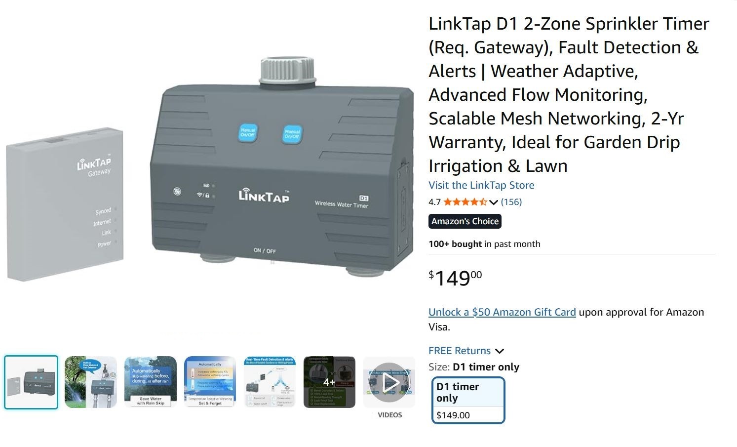 Linktap D1 Smart Sprinkler Timer | Requires Gateway | 2-Outlet Water Timer for G