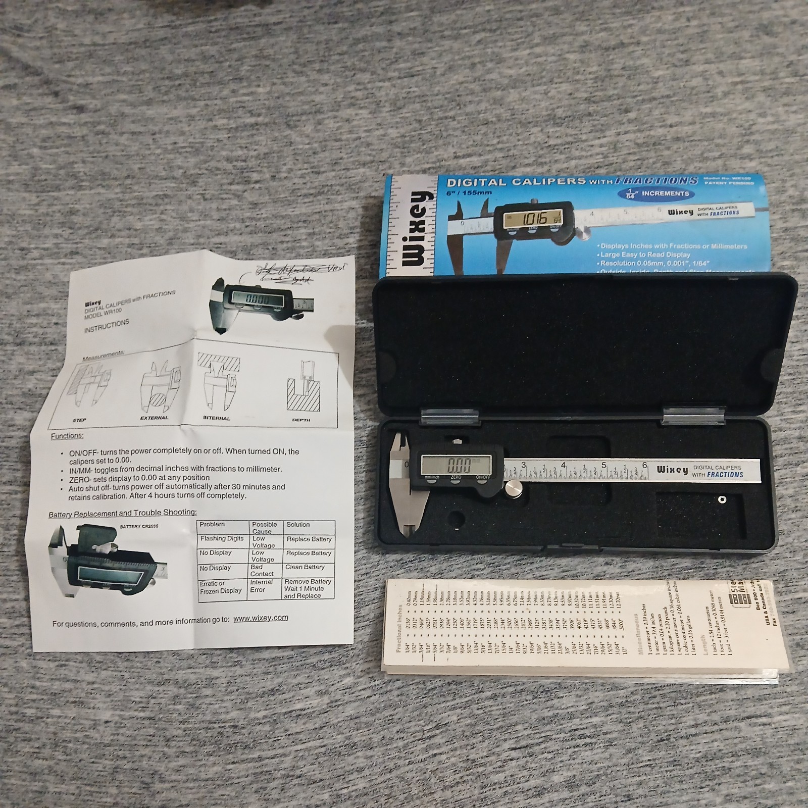6” Wixey WR100 6-Inch Digital Calipers with Fractions 155mm, Tested working