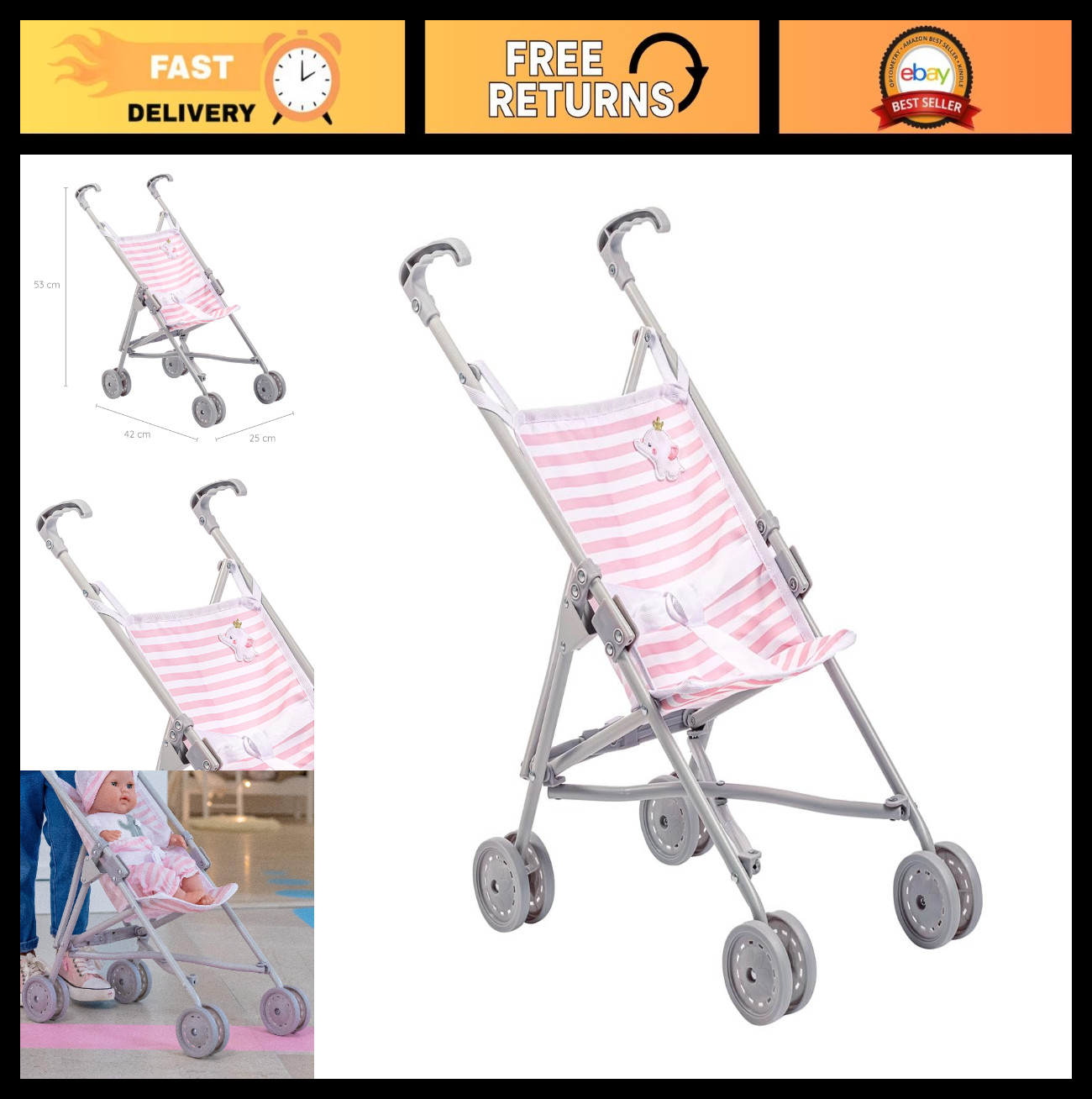 Folding Umbrella Doll Stroller for Kids 2+ | Pink Stripes, Soft Embroidery | Stu