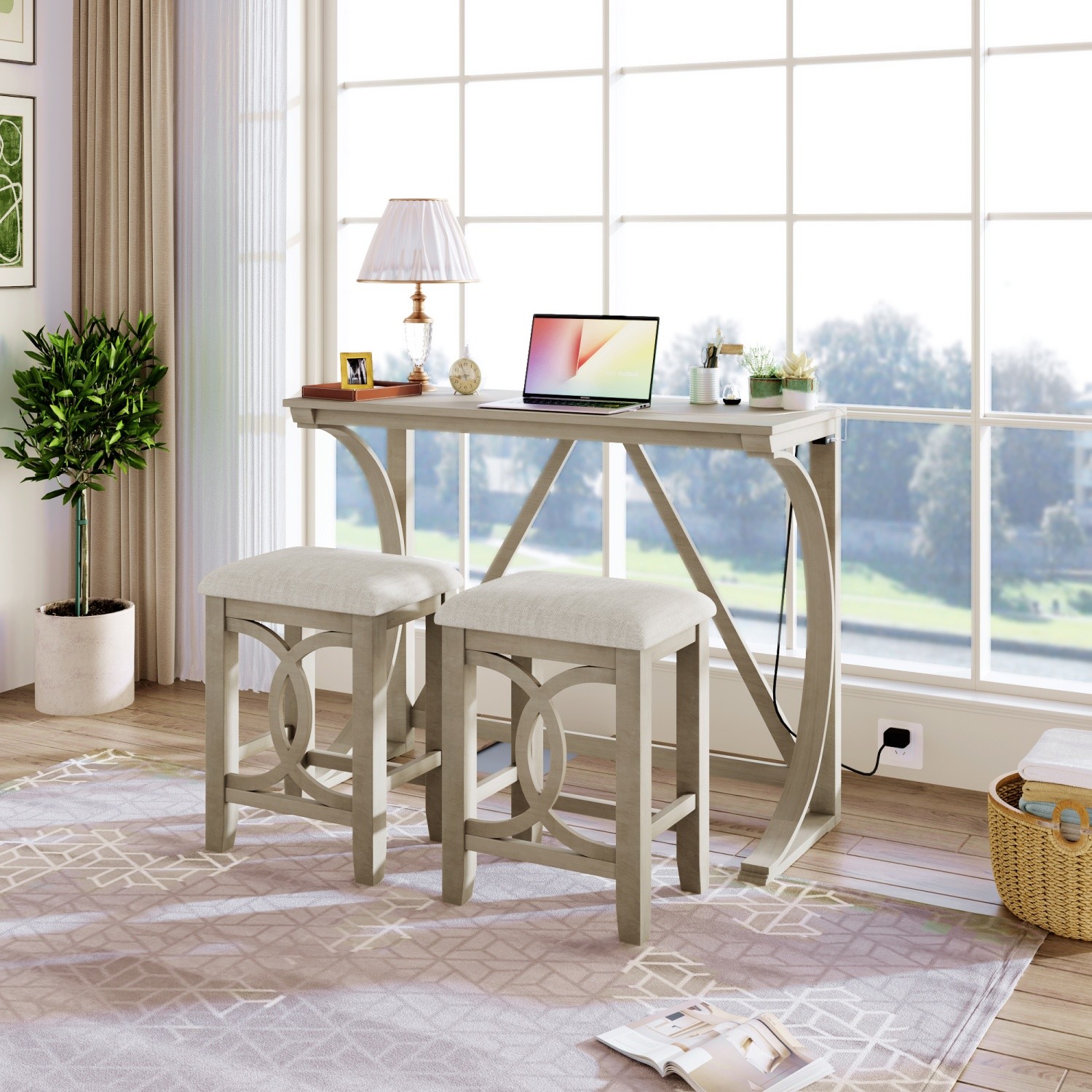 Rustic 3 Piece Counter Height Table Set Small Spaces w/ 2 Bar Stools & USB Port