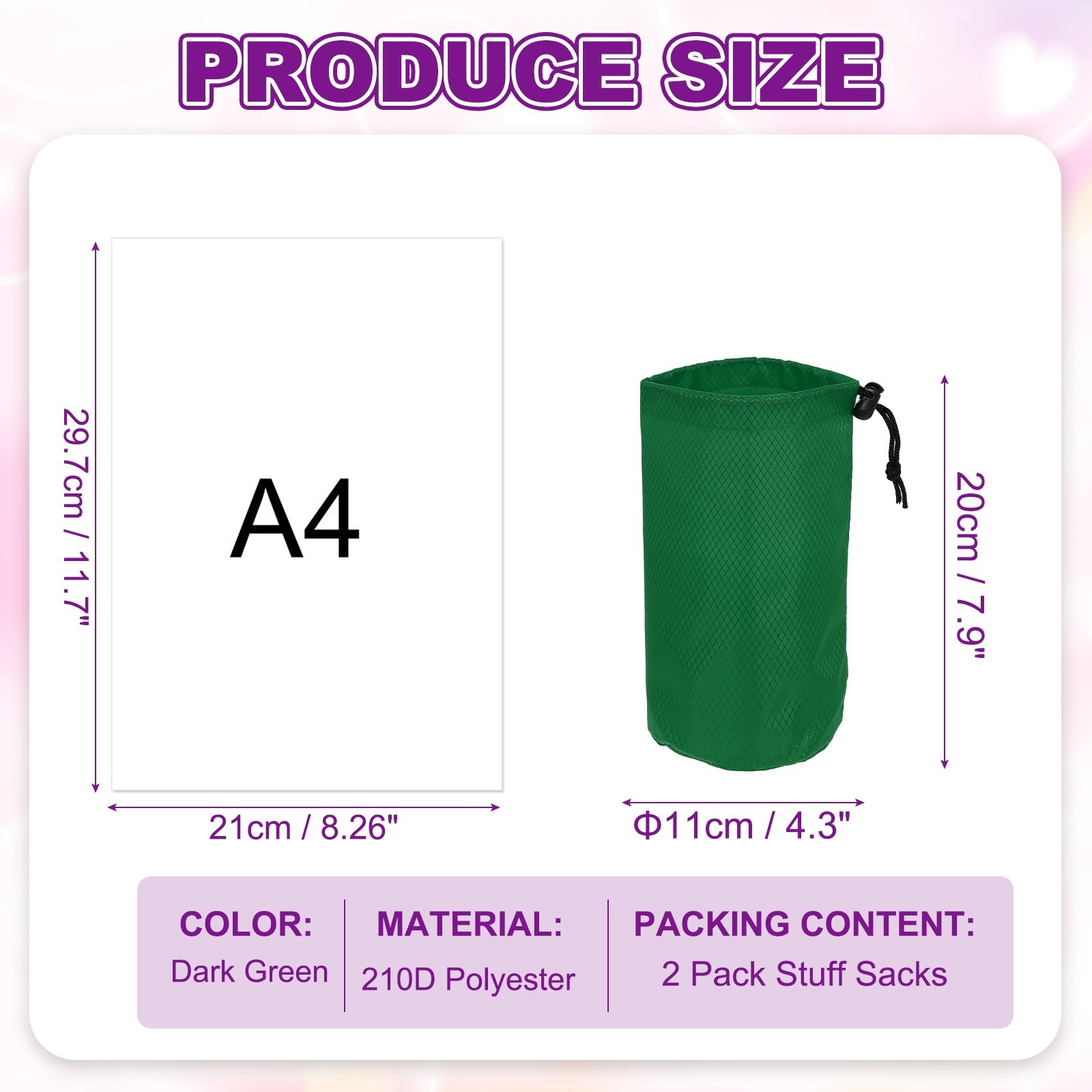 Stuff Sack, Waterproof Ditty Bags with Toggle 4x8In & 2 Pack & Dark Green