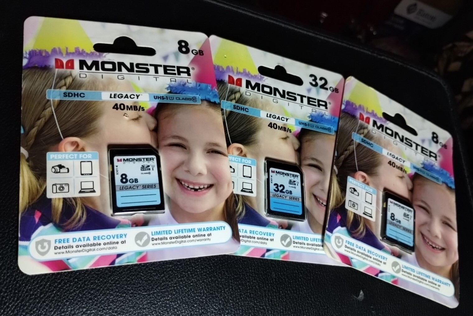 Lot Of (3) Monster Digital Legacy SDHC Cards - Class 10 - 40MB/s - 8GB 8GB 32GB