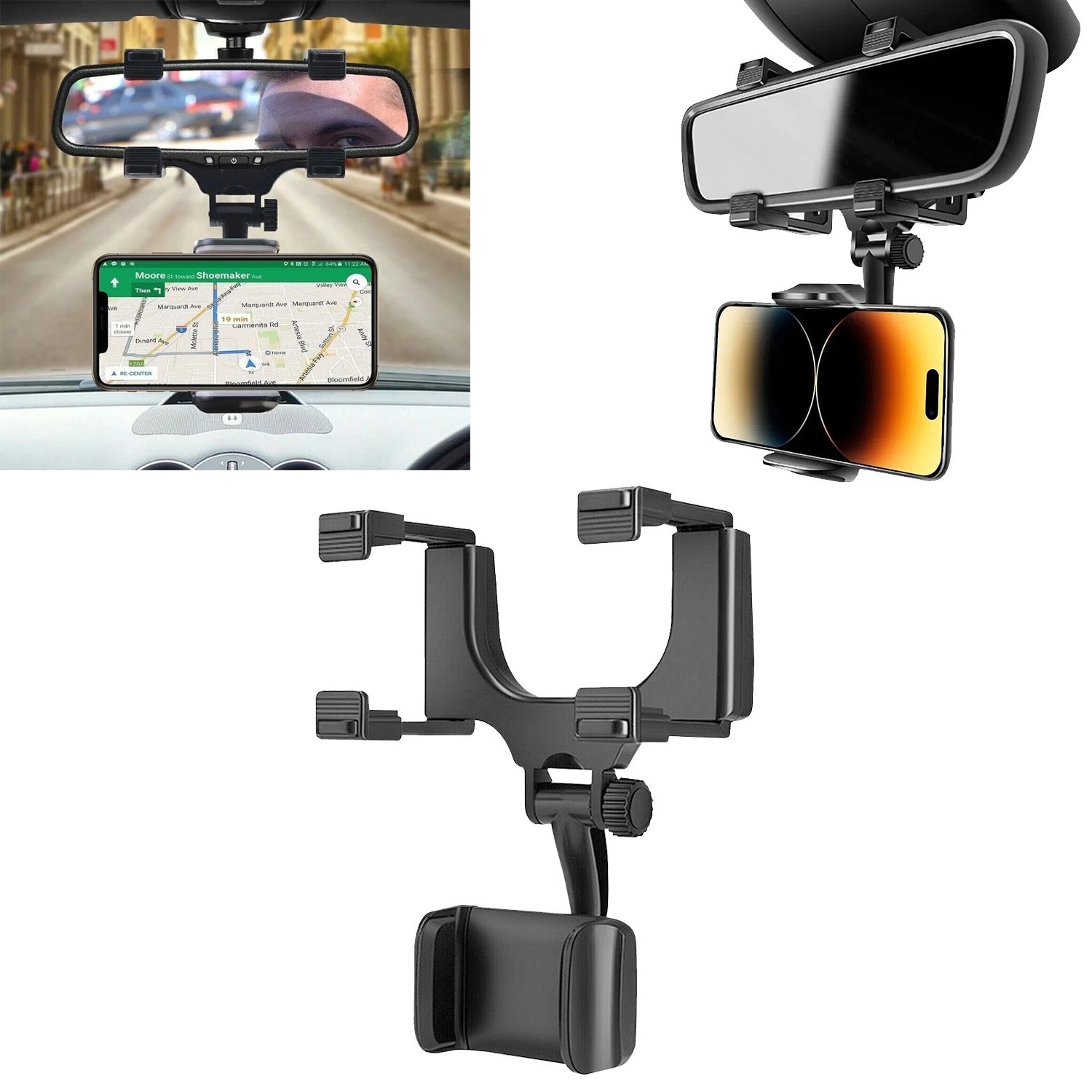 Car Rearview Mirror Phone Holder 360° Adjustable Mount Bracket Clip Clamp Stand