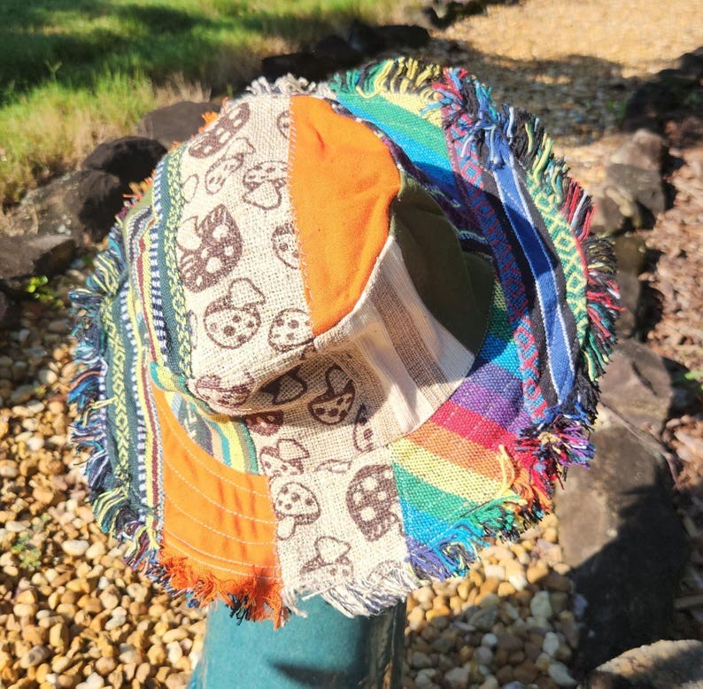 HEMP HAT Unisex Patchwork w/ Mushrooms Fringe Wire Rim Funky Hippie Hat