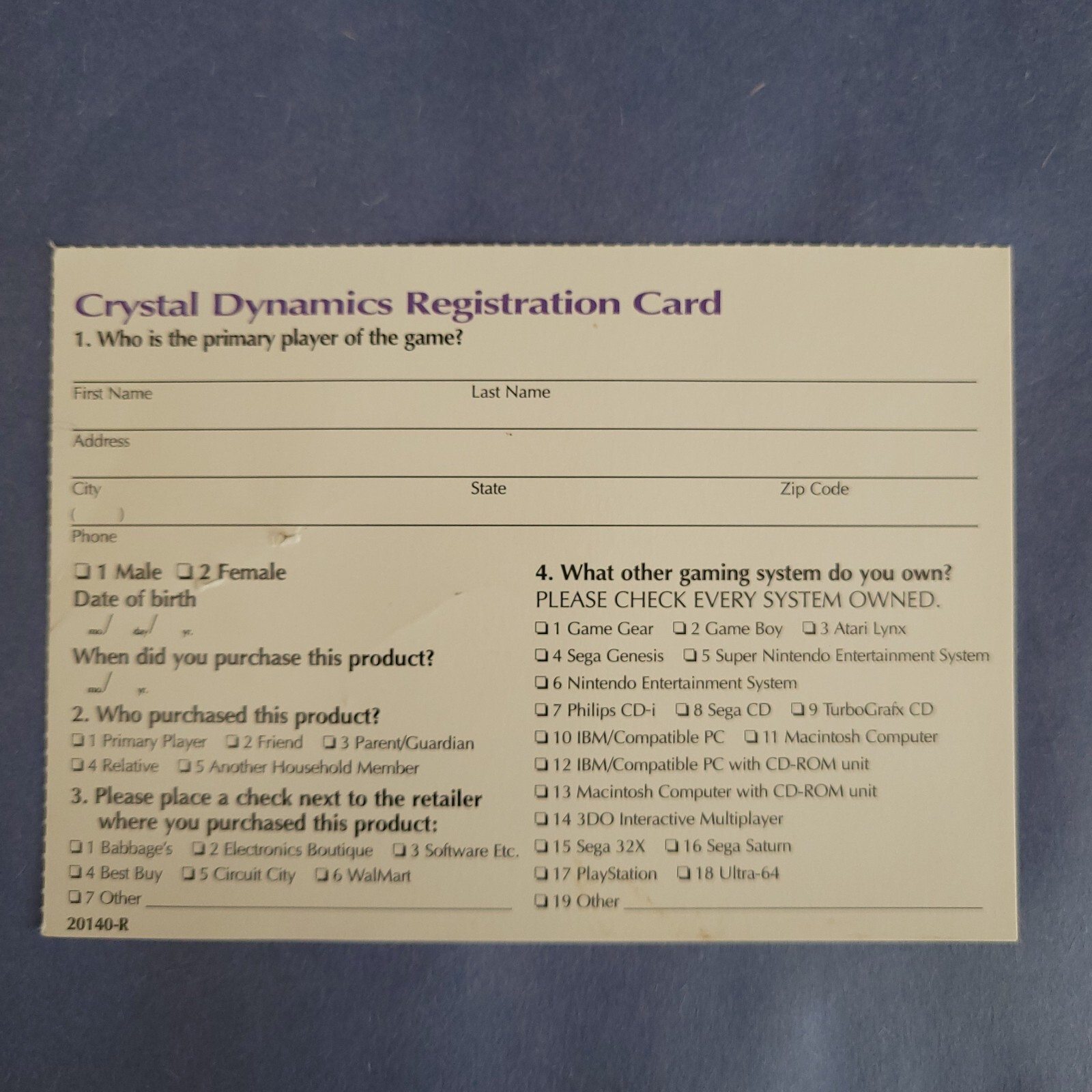 Crystal Dynamics Video Game Registration Card