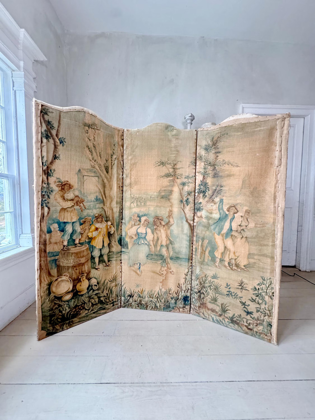 1900 Folding Screen Antique French Hand Painted Signed Provenance Rustic Chatea