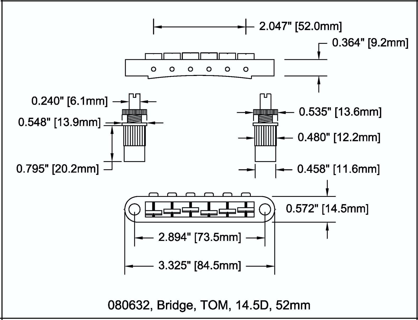 Bridge Post Style 6 String Black 52mm x 14.5mm 080632BK