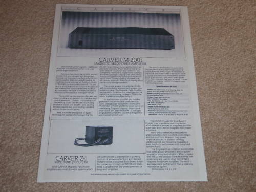 Carver M-200t Amplifier Spec Sheet,1 pg,Specs,Info,1987