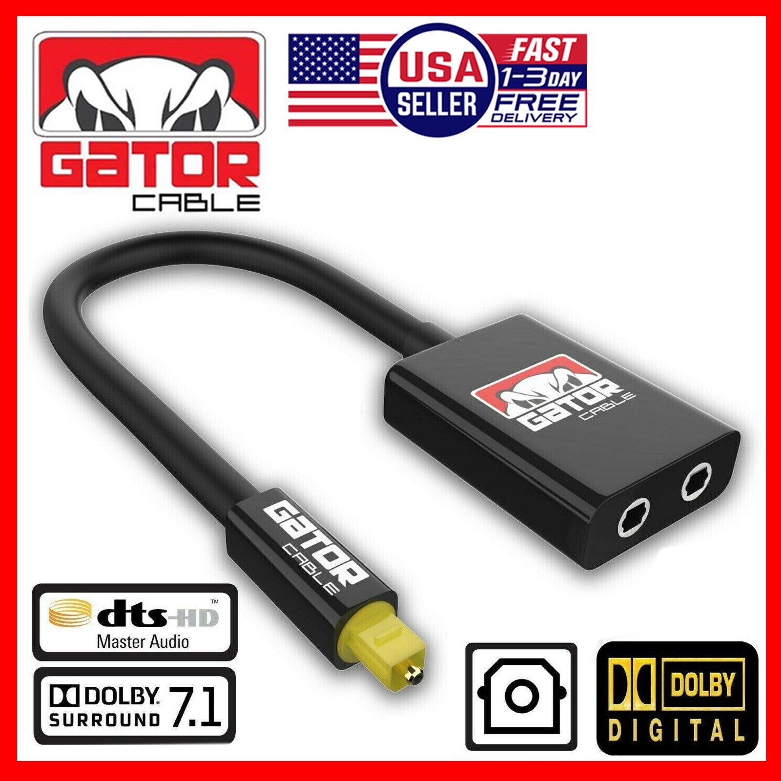 Dual Port Optical Toslink Digital Adapter Splitter Audio Cable Fiber 1 In 2 Out