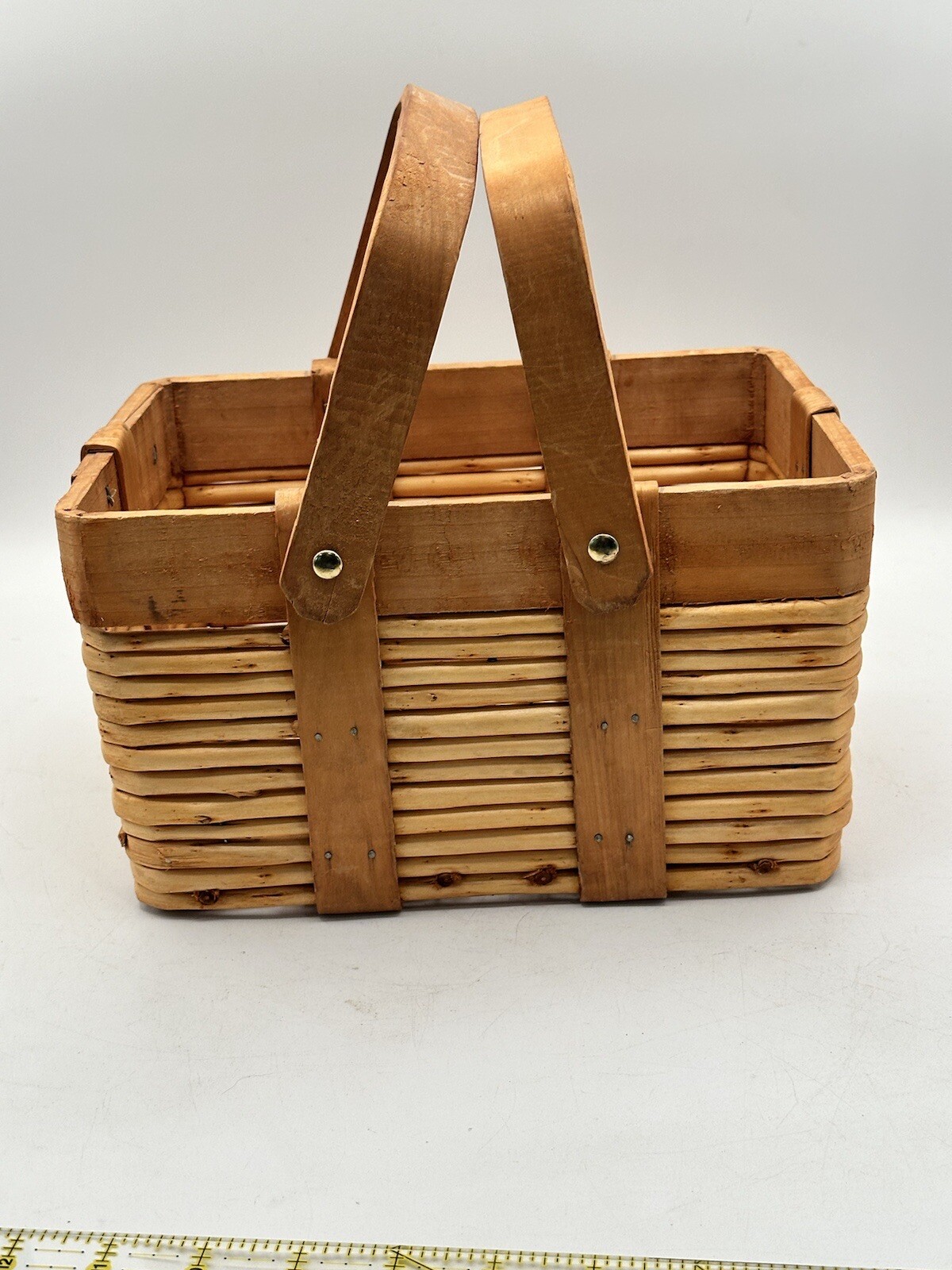 Vintage Woven Wood Gathering Basket With Folding Handles