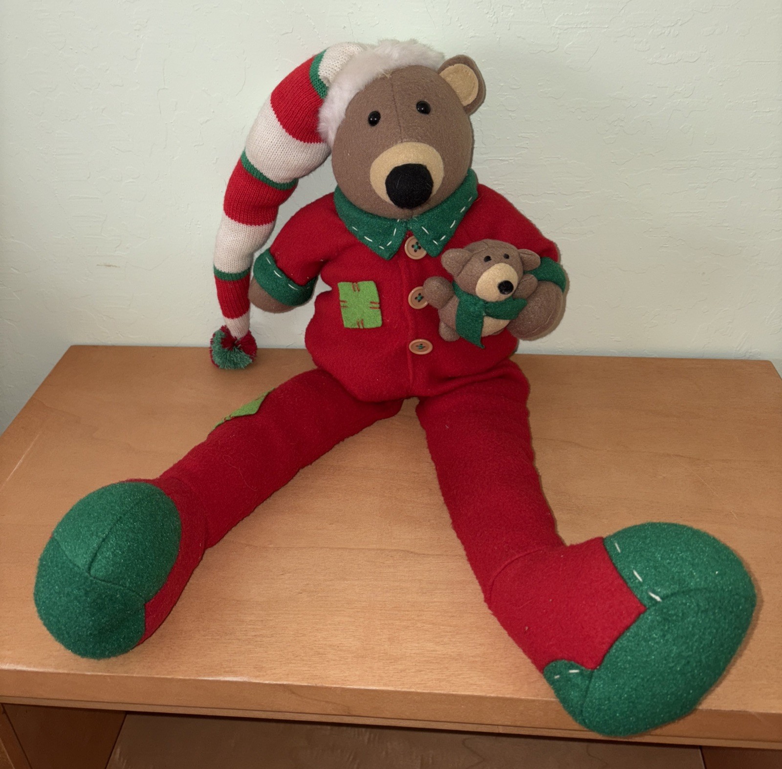 Christmas Bear in PJs & Slippers Self Sitter Plush VTG Large Dangle Weighted