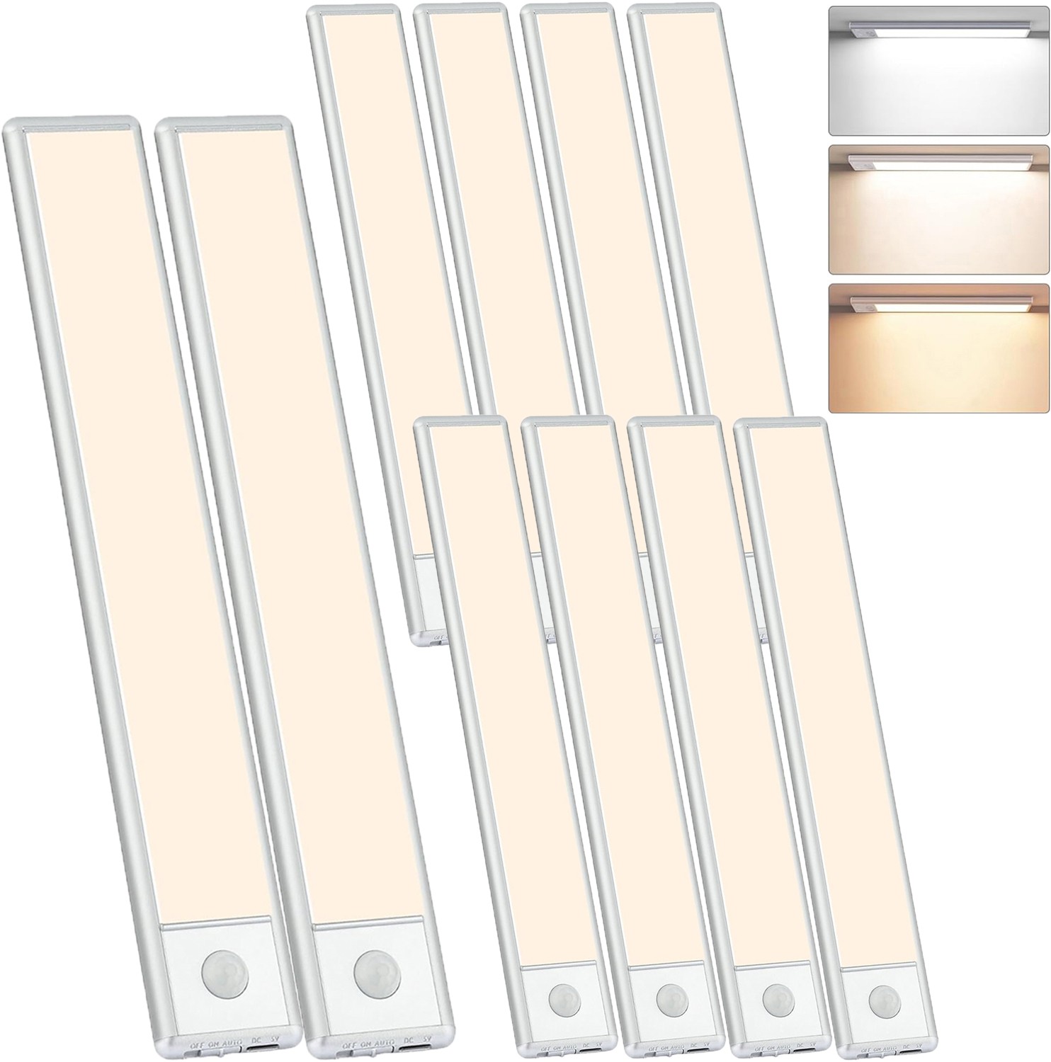 10 Pack 1FT Under Cabinet Light Smart Wall Lights 3 Color Motion Sensor Dimmable