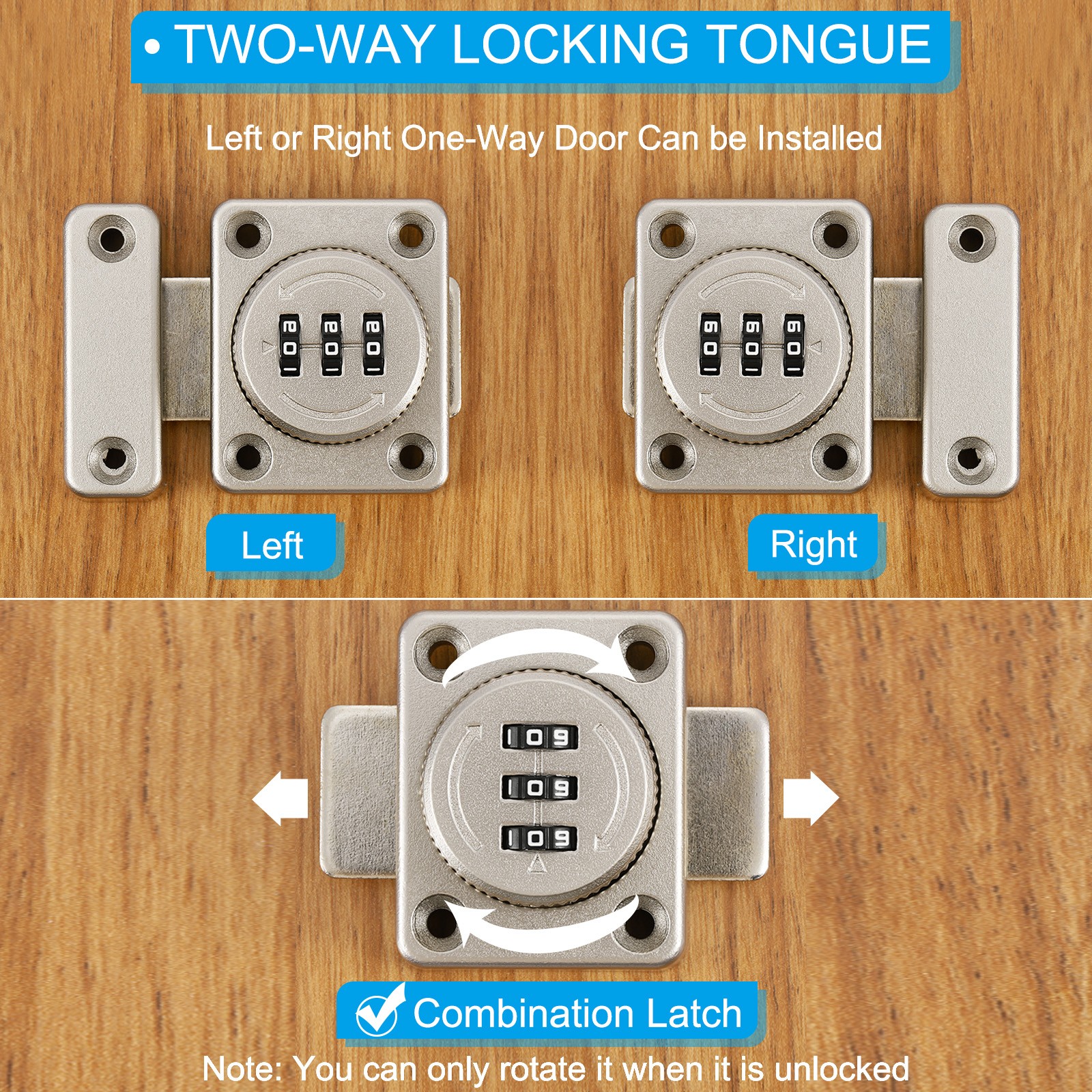 3 Digit Wardrobe Combination Lock, for One-Way Door, Silver