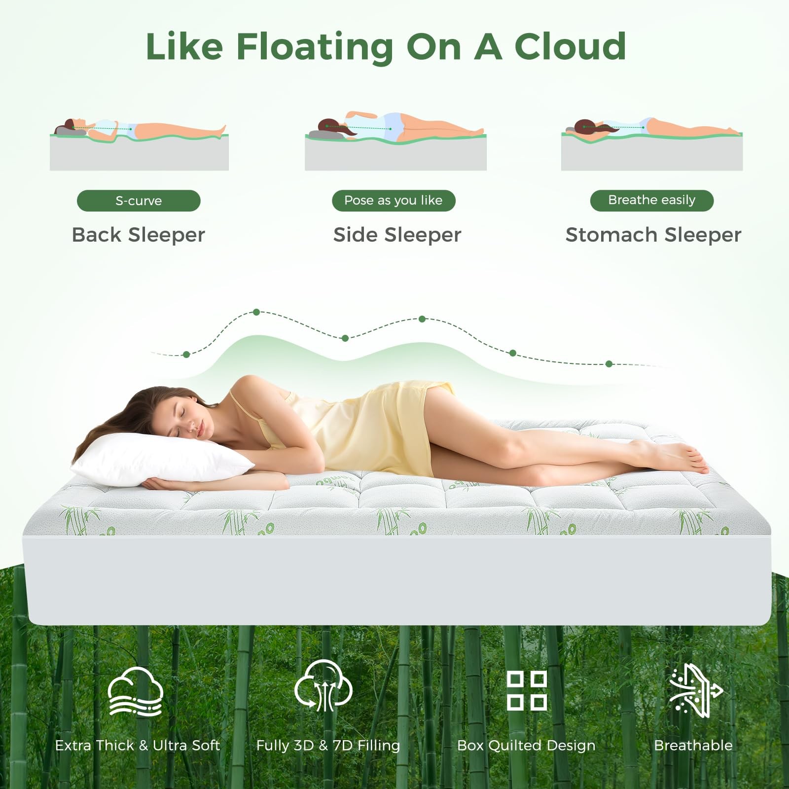 HYLEORY Mattress Topper - Thick Bamboo-Viscose Naturally Twin XL, Green