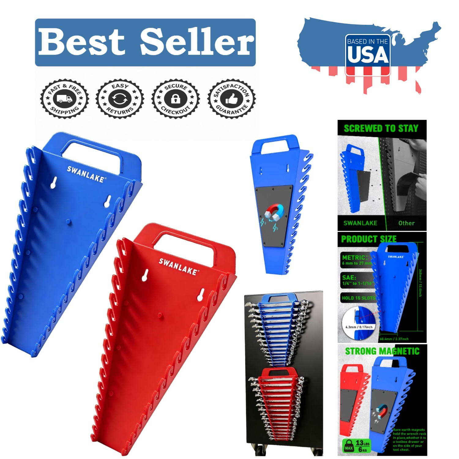 Compact 30-Slot Magnetic Wrench Organizer - Fits SAE & Metric Wrenches (2-Pack)