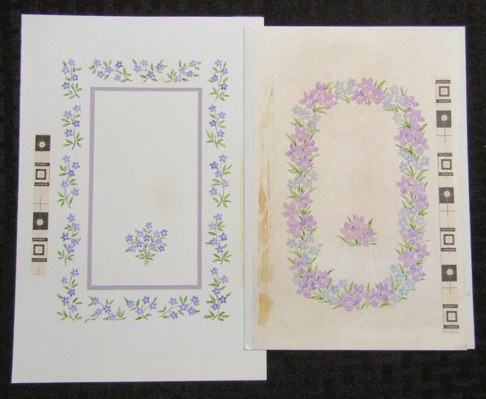 THINKING OF YOU Purple Flower Borders 6x9" Greeting Card Art LOT of 2