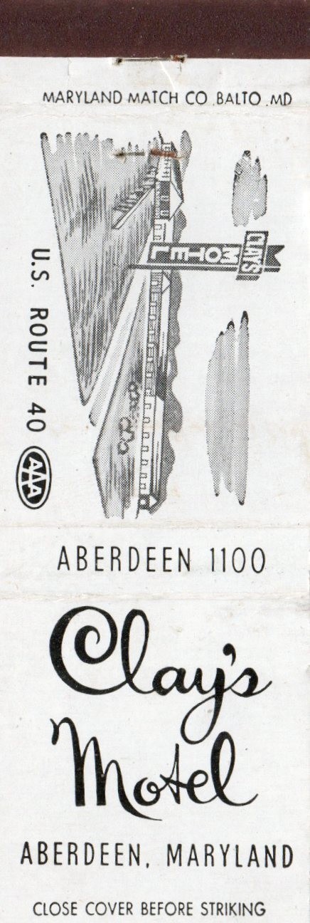 Vintage Matchcover Clay's Motel Aberdeen Maryland