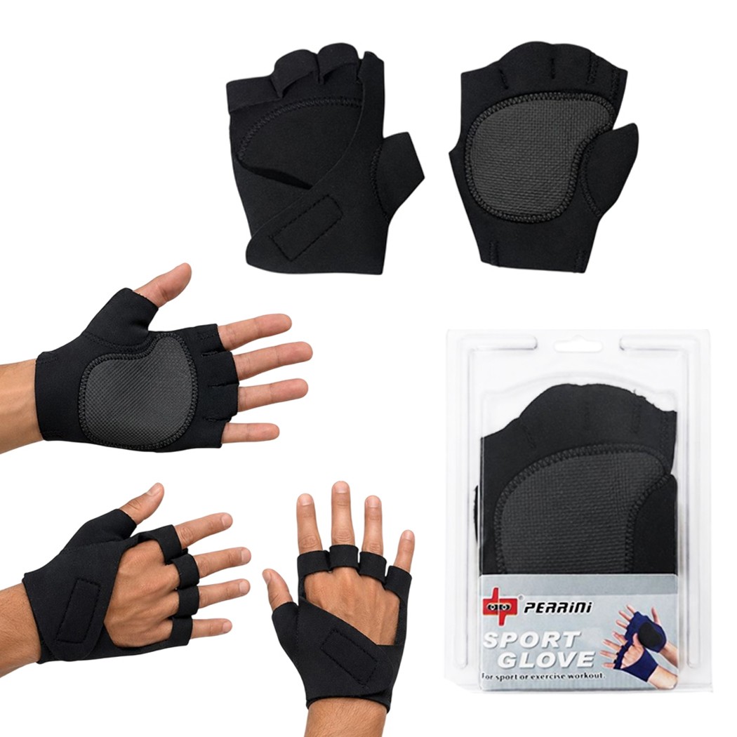 Perrini Black Fingerless Sport Gloves with Wrist Strap Closer (with Thumb Paddin