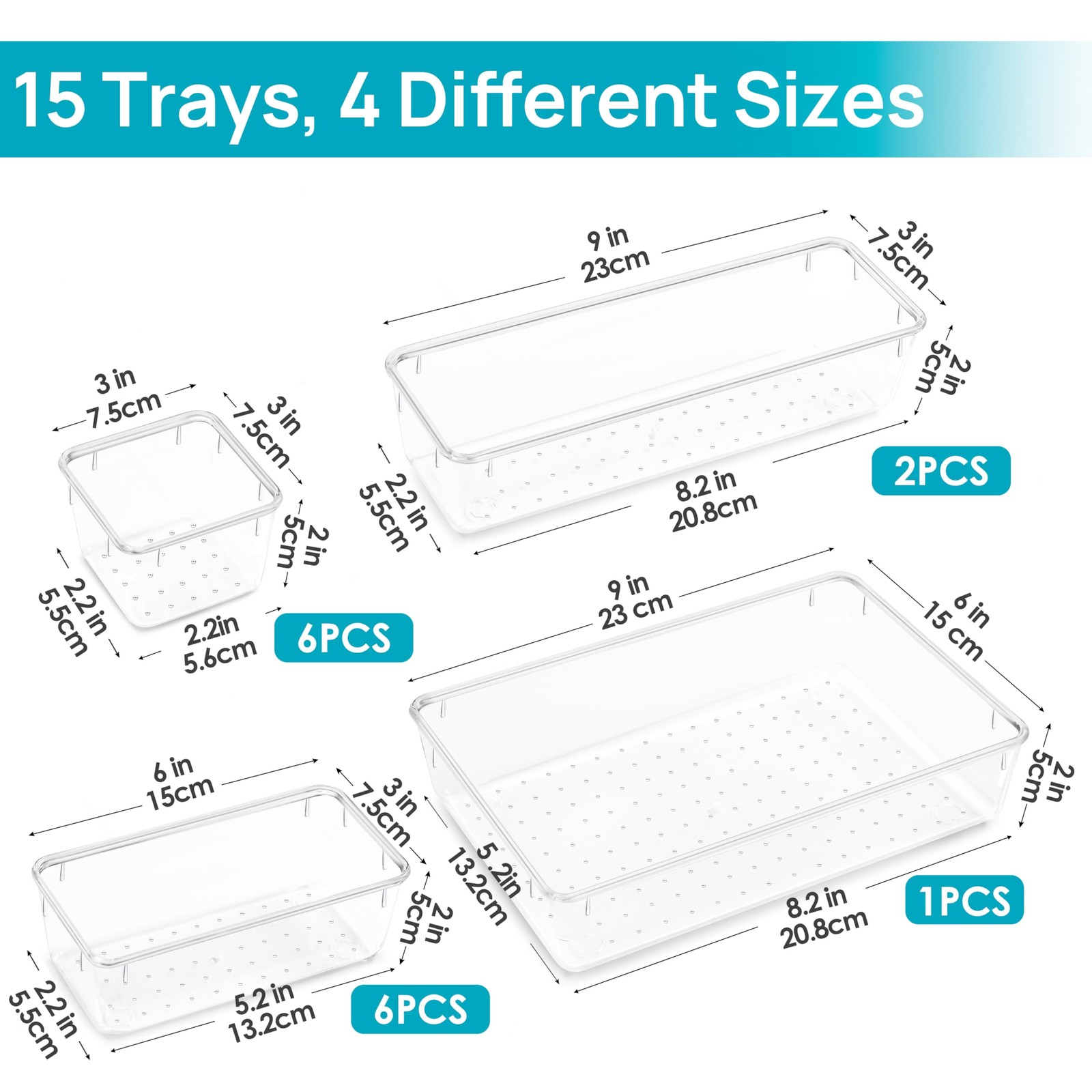 15 PCS Clear Plastic Drawer Organizers Set, 4-Size Versatile Bathroom and Van...