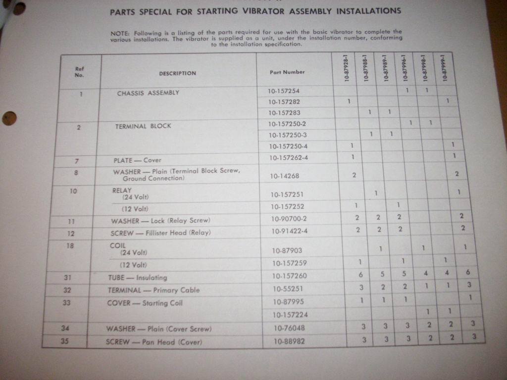 Bendix Starting Vibrator Assemblies Parts List Booklet