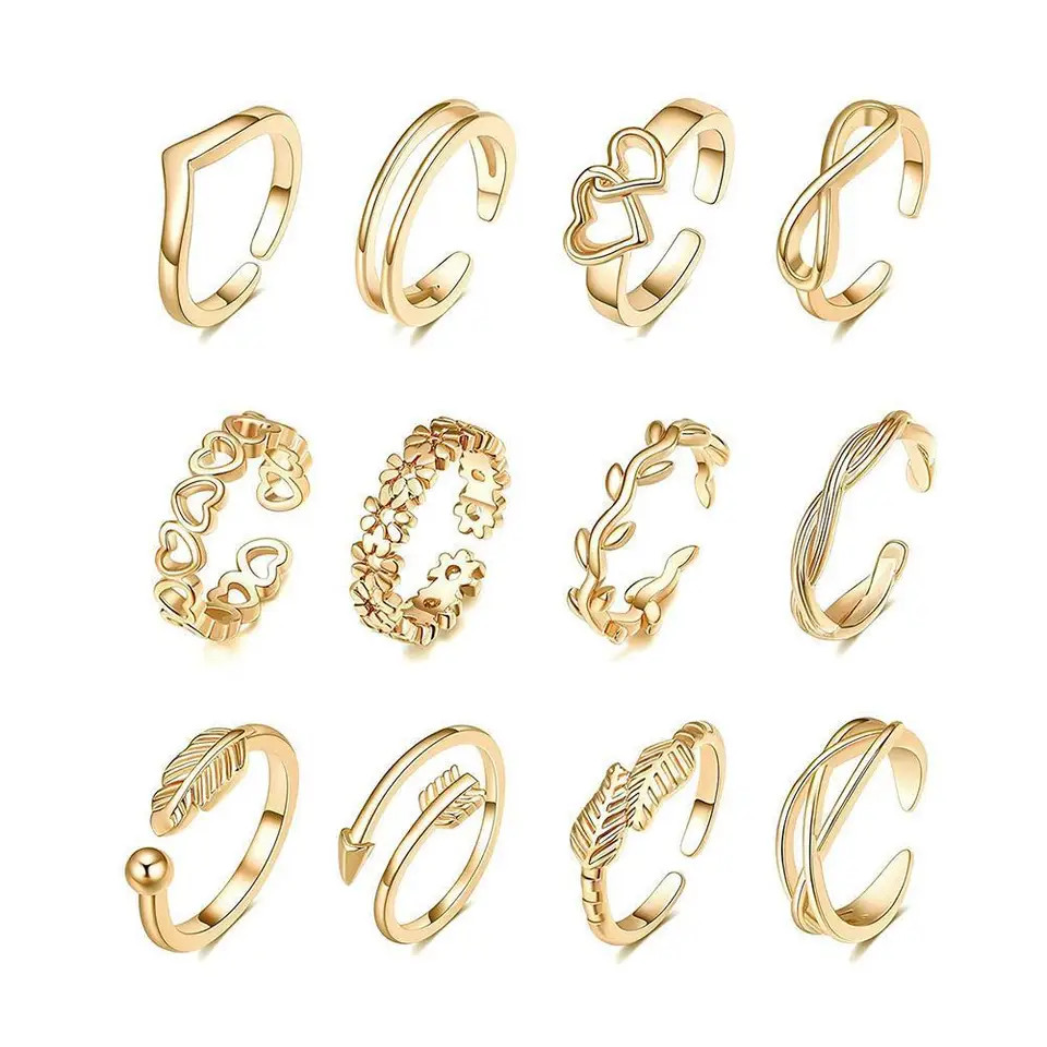 12PCS Toe Rings Adjustable Open Toe Heart Feather Geometric Women Girls Jewelry