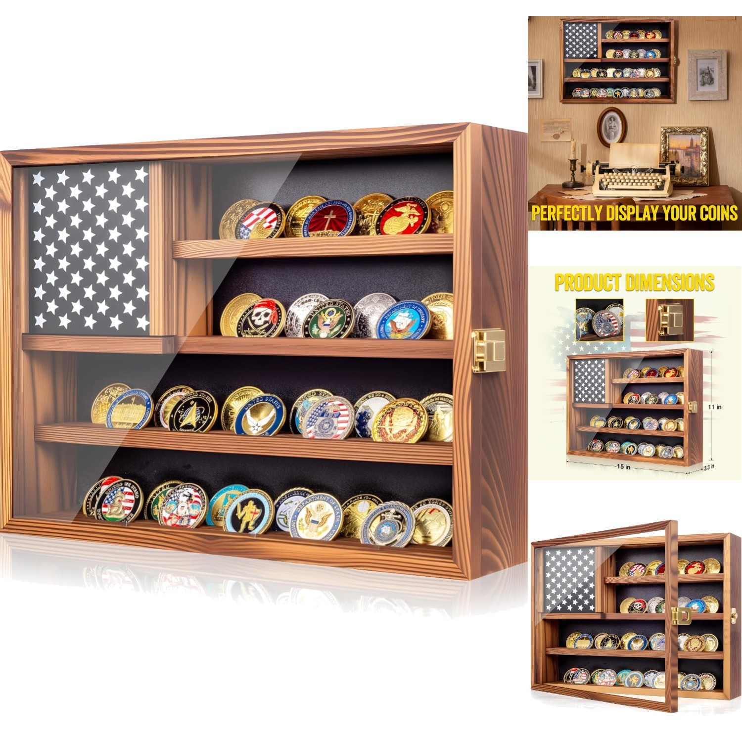 Challenge Coin Display Case Military Medal Shadow Box Wall Mount Cabinet Walnut