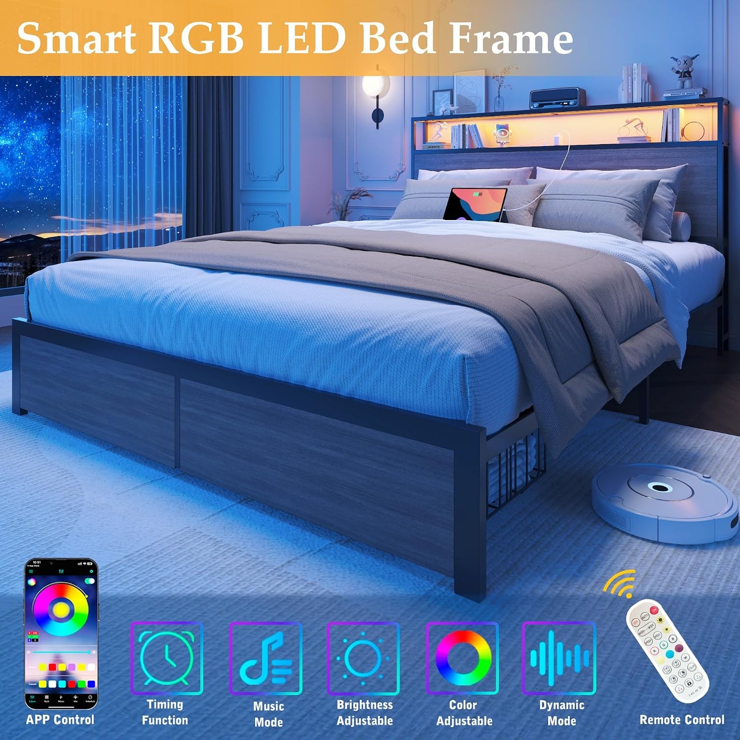 Queen Bed Frame with 2-Tier Storage Headboard, Bedroom Metal Bed Frame with 2