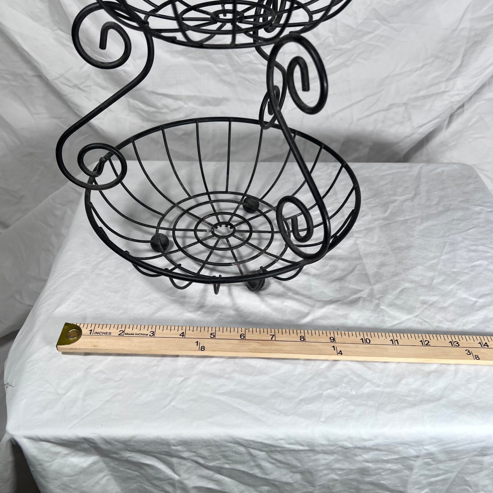 Black Metal Two-Tier Wire Fruit Basket Stand Scrollwork Countertop