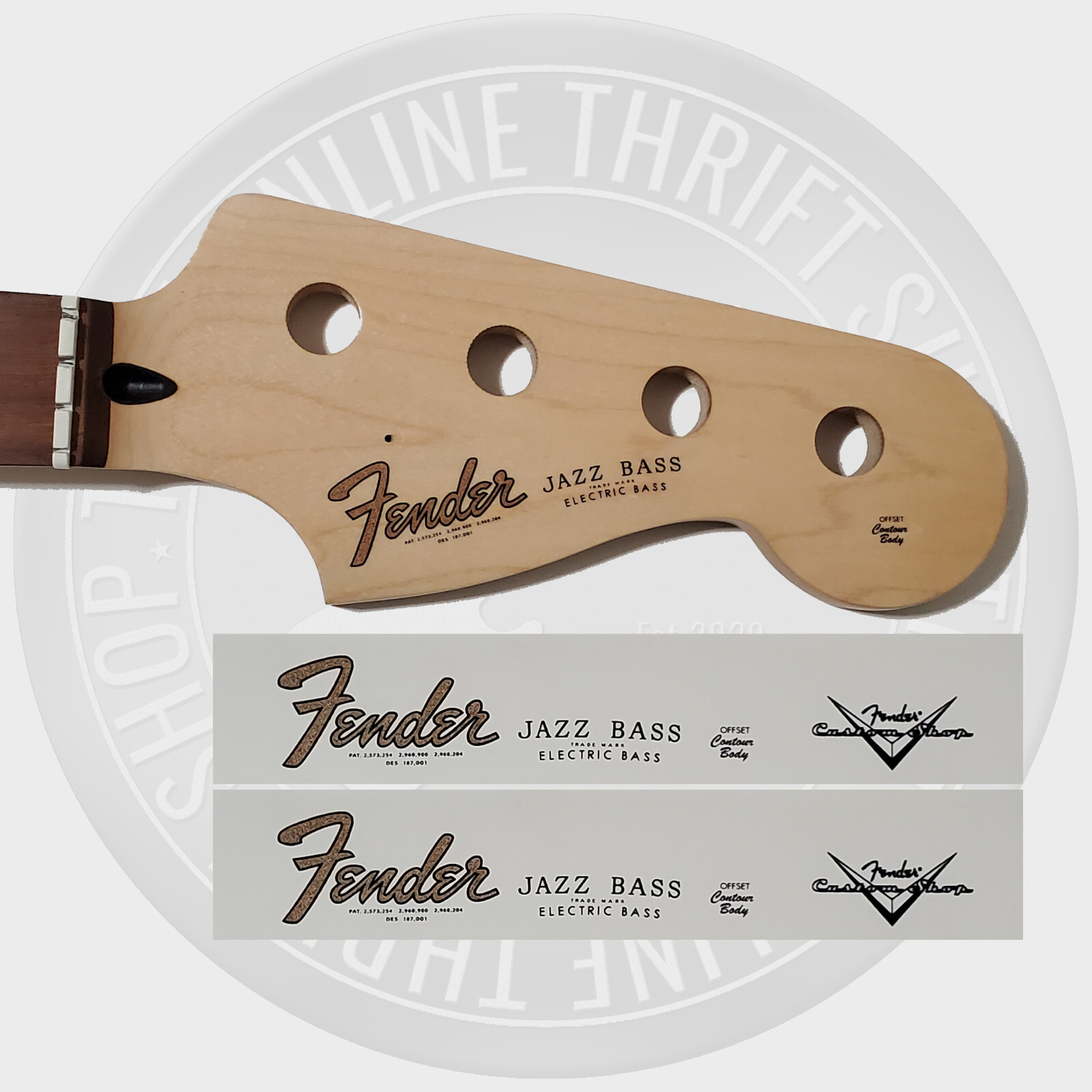 Fender Jazz Bass Waterslide Guitar Neck Headstock Decals with CS Logo (Set of 2)