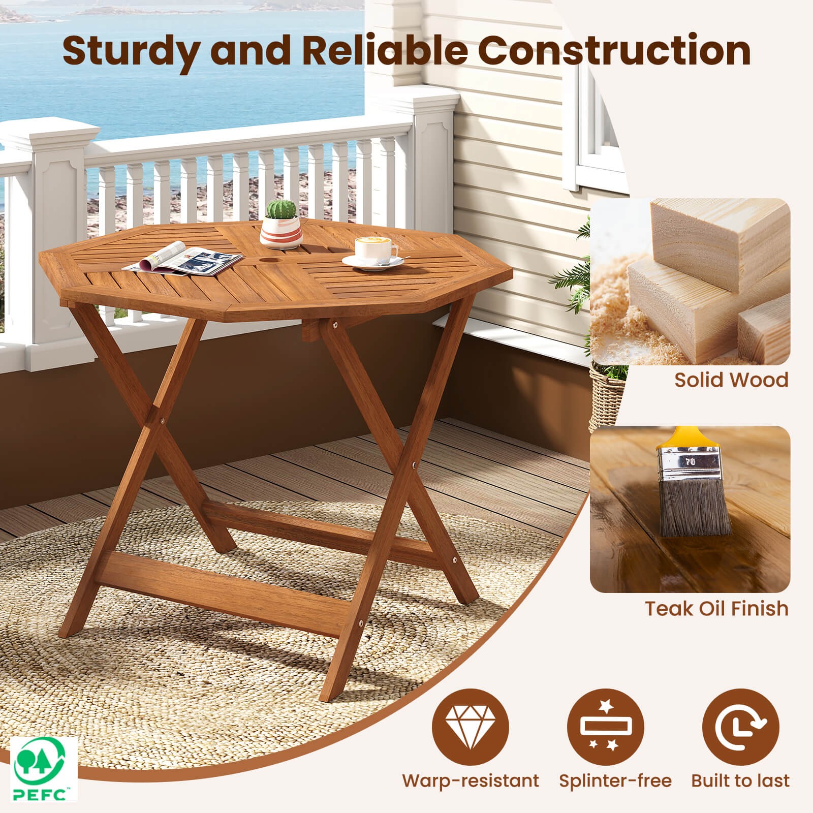 35.5” Solid Wood Patio Dining Table w/1.97” Umbrella Hole Slatted Tabletop