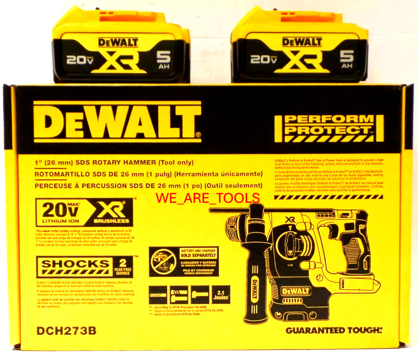 DEWALT DCH273B 20V 1" XR Cordless SDS Plus L-Shape Rotary Hammer, 2) 5.0 Battery