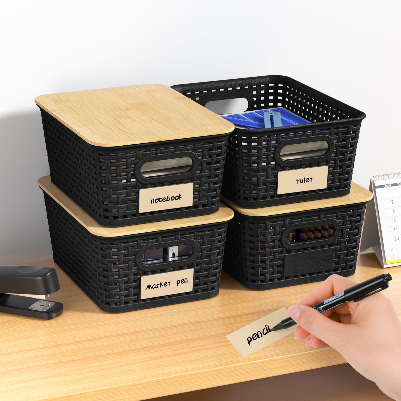Plastic Storage Baskets with Bamboo Lids and Labels, Stackable Storage Contai...