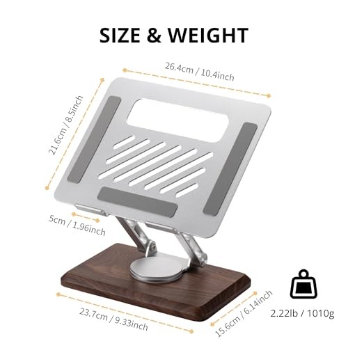 Laptop Stand for Desk, Laptop Riser with 360 Rotating Walnut Base, Adjustable