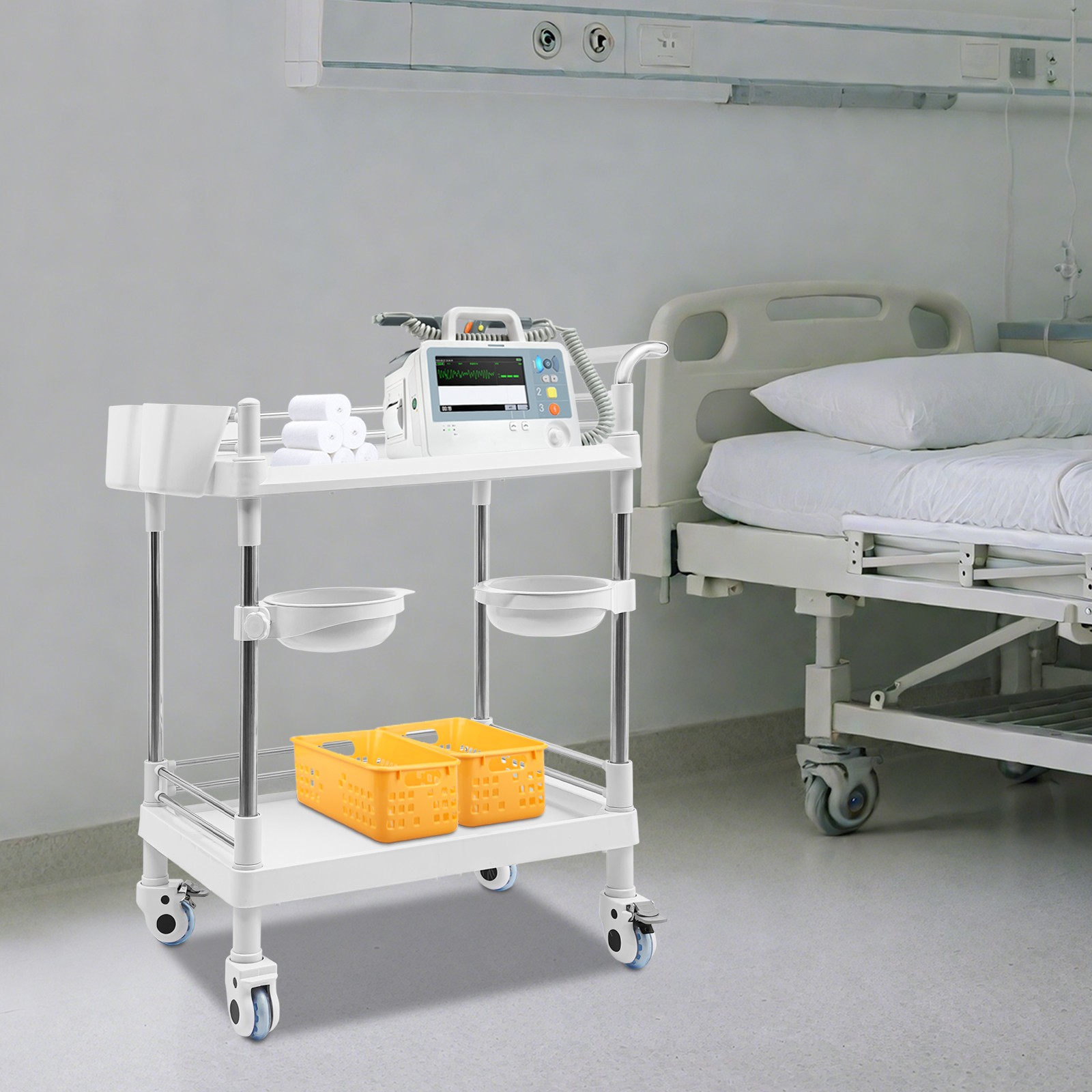 2-Tier Medical Trolley Lab Carts Mobile Utility Cart for Beauty Salon Hospital