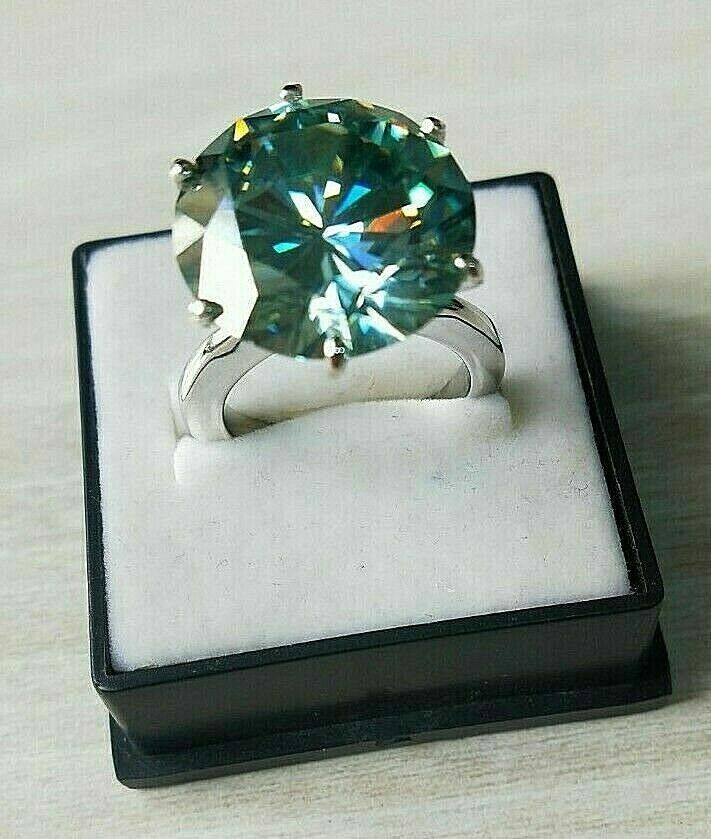 Certified 5 Ct Greenish Blue Heated & Pressure Treated Diamond Ring in Silver