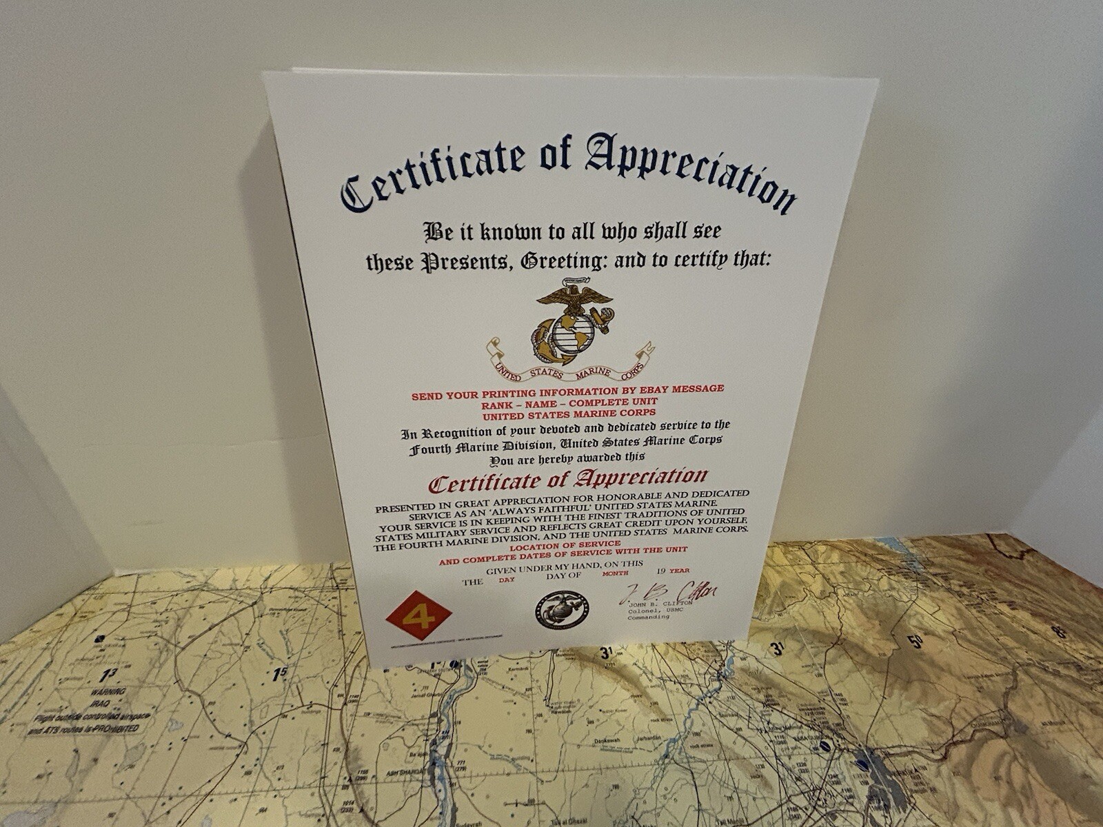 U.S. MARINE CORPS / 4TH MARINE DIVISION - CERTIFICATE OF APPRECIATION